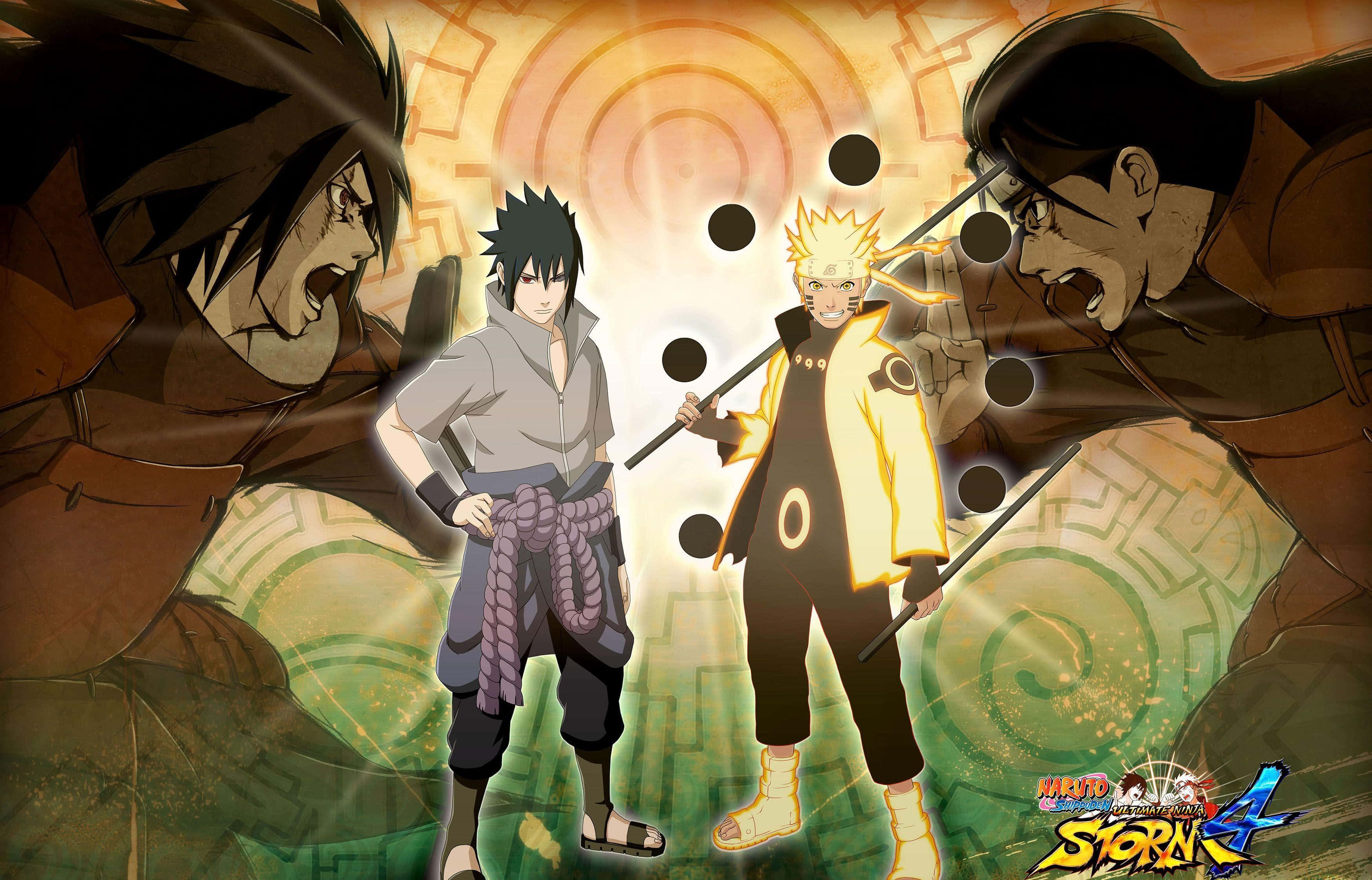 Ninja World 桌布 壁紙 — 三位動漫戰士在發光的競技場中碰撞，伴隨著旋轉的能量和戲劇性的表情。