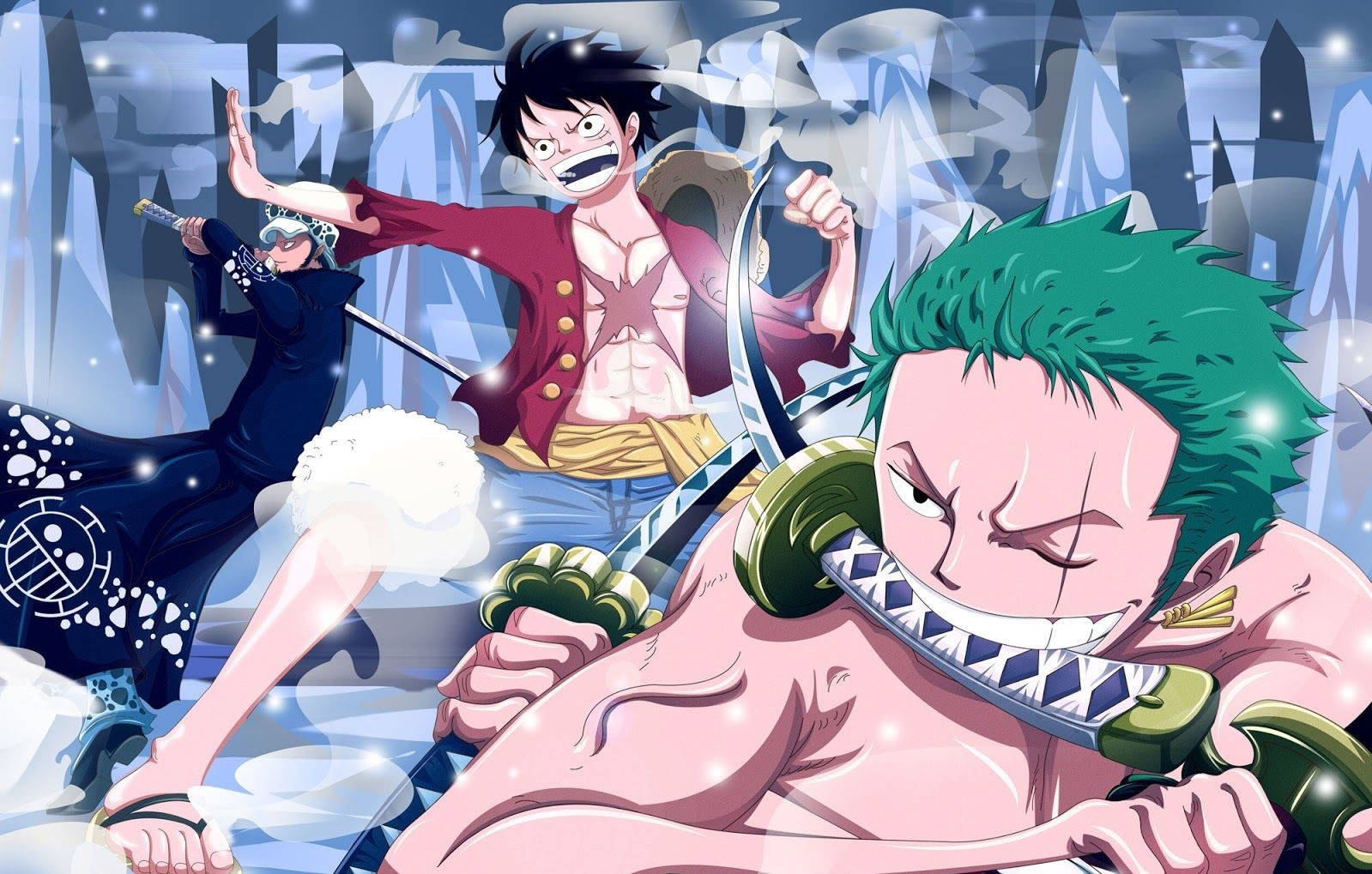 Luffy 桌布 壁紙 — 三位動漫戰士在積雪的山口拔劍相向，表情兇猛。
