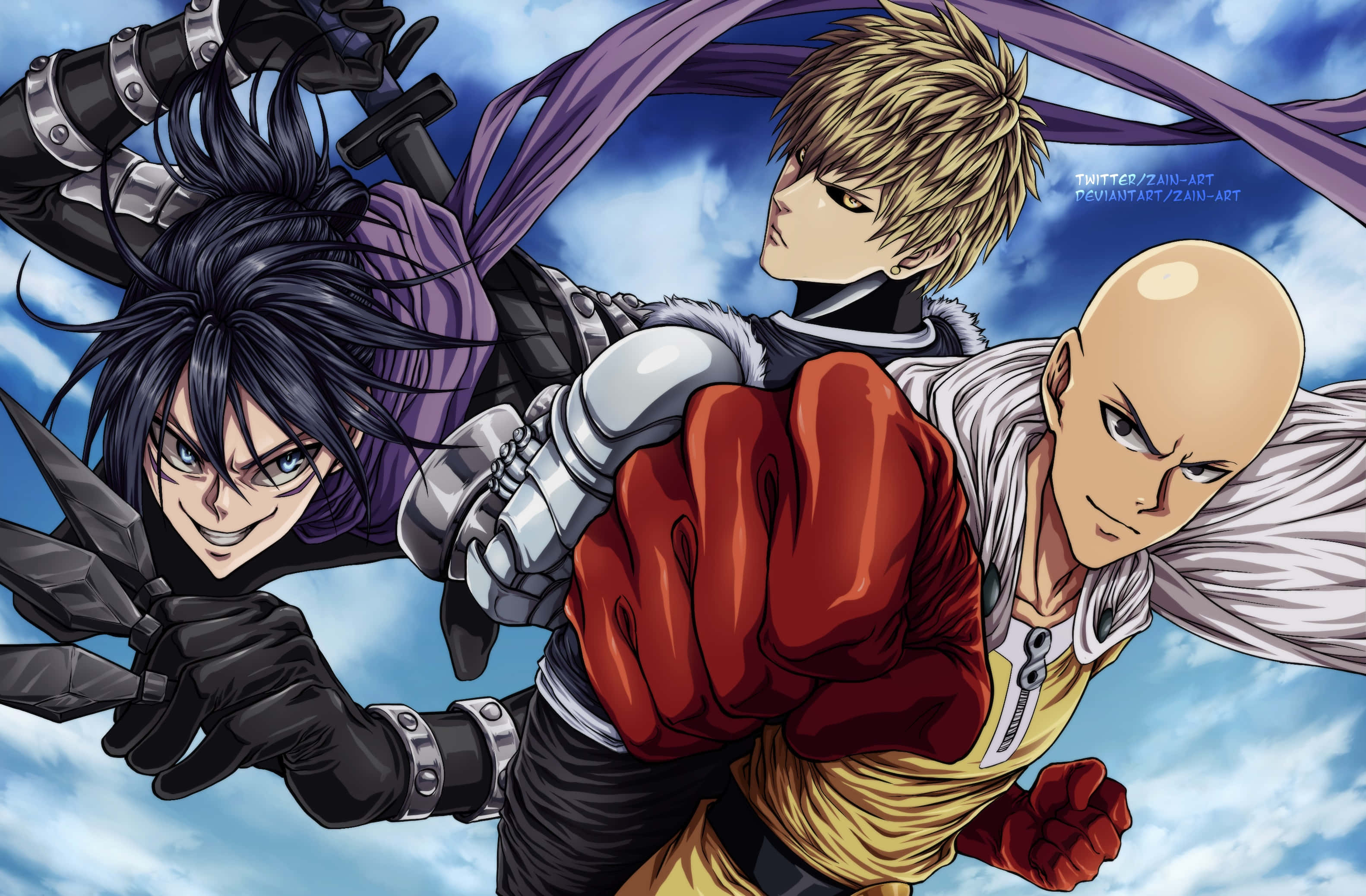 One Punch Man Sonic 桌布 壁紙 — 三位動漫戰士在藍天白雲下擺出動態戰鬥姿勢。