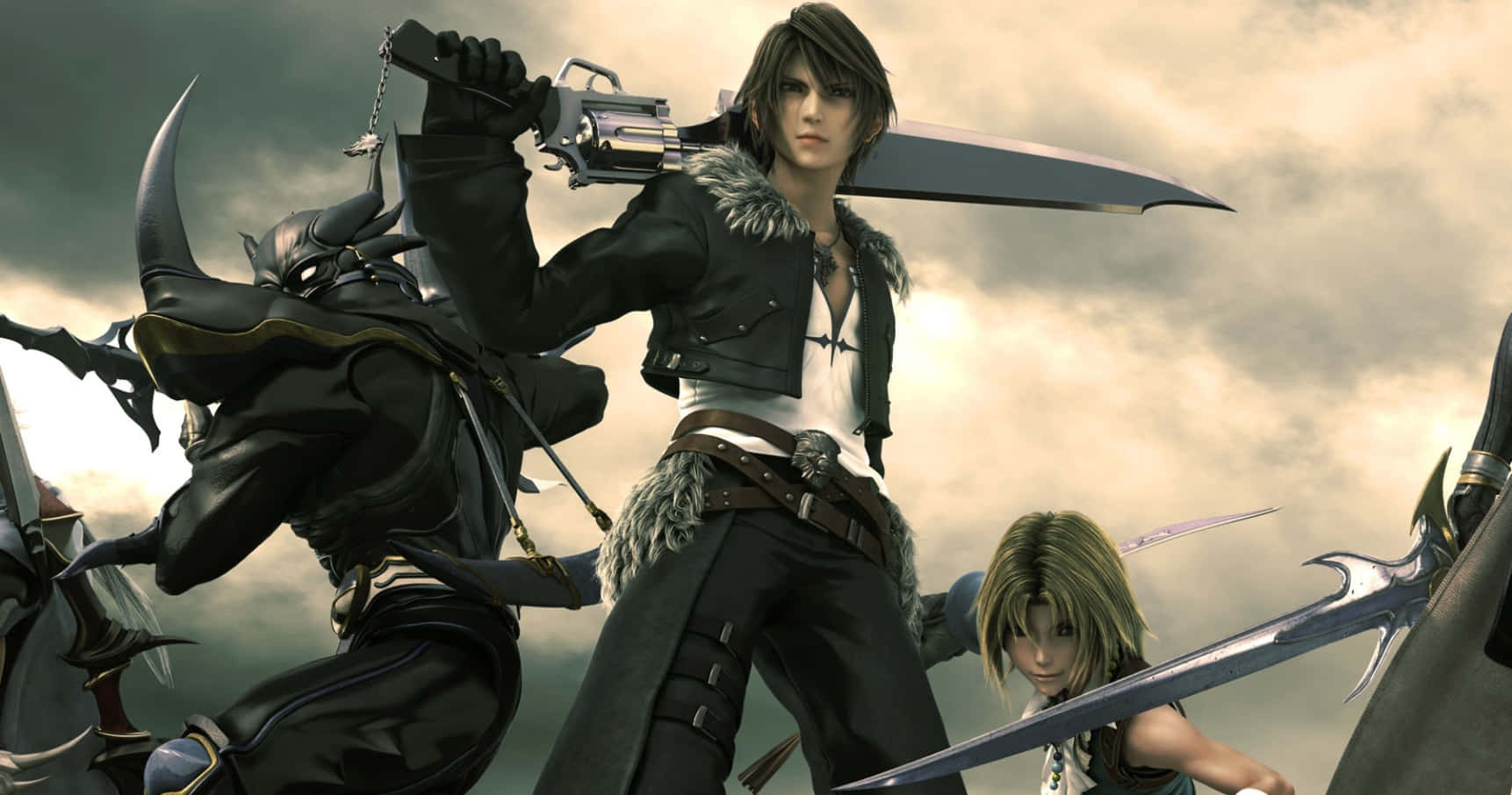 Final Fantasy Characters 桌布 壁紙 — 三位動漫戰士手持劍和槍，在暴風雨的天空下以戲劇性的戰鬥姿態準備就緒。