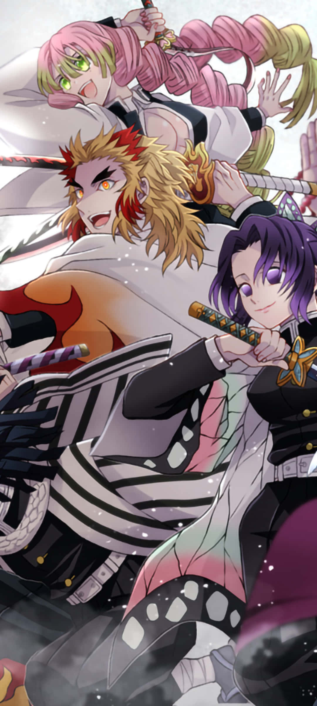Demon Slayer Group 桌布 壁紙 — 三位動漫戰士手持劍在雪景中激烈碰撞，他們鮮豔的頭髮和強烈的表情傳達出激烈的戰鬥能量。