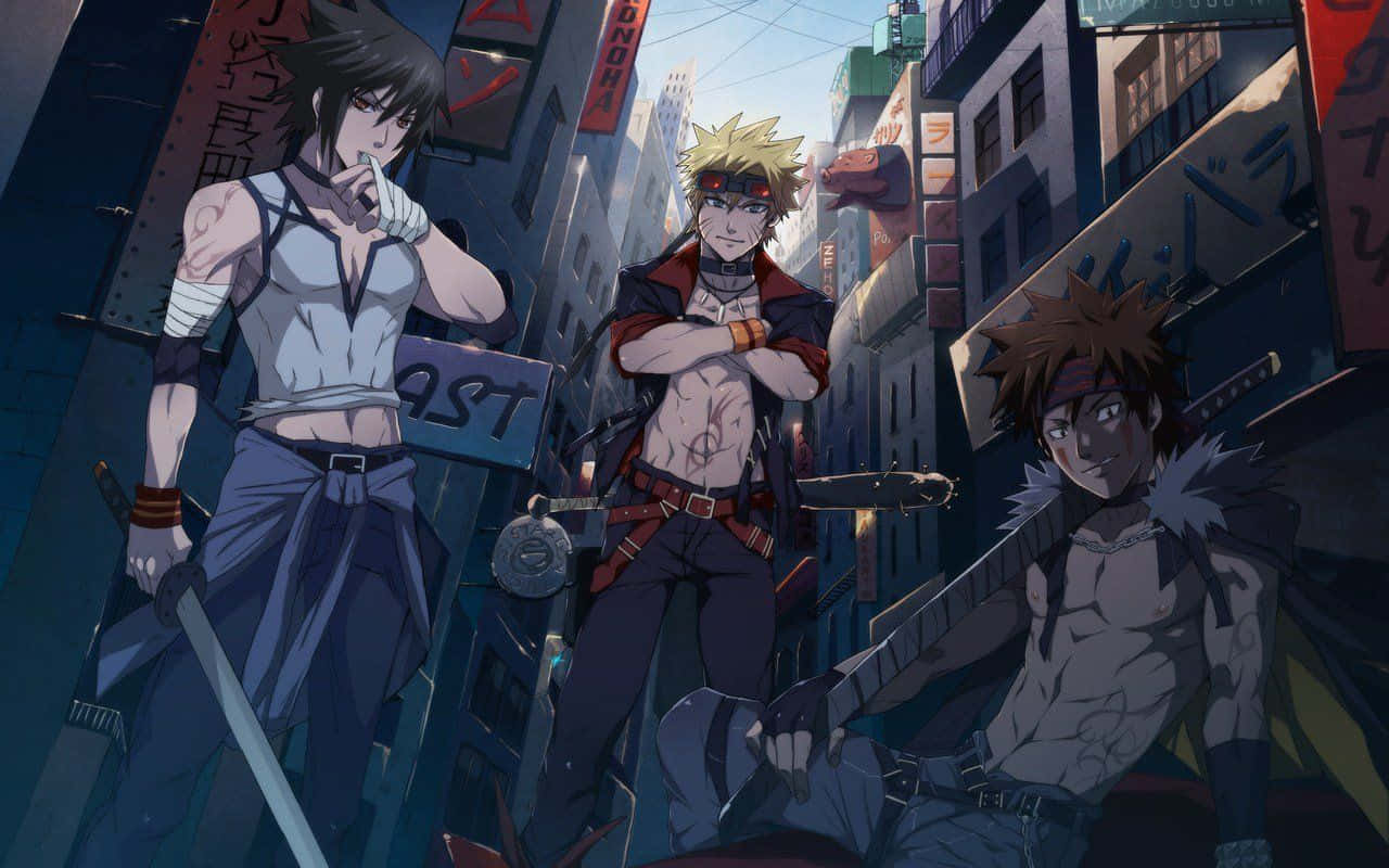Naruto's Friend 桌布 壁紙 — 三位動漫戰士挑釁地站在霓虹燈閃爍的都市小巷中，四周是高聳的建築物和發光的招牌。