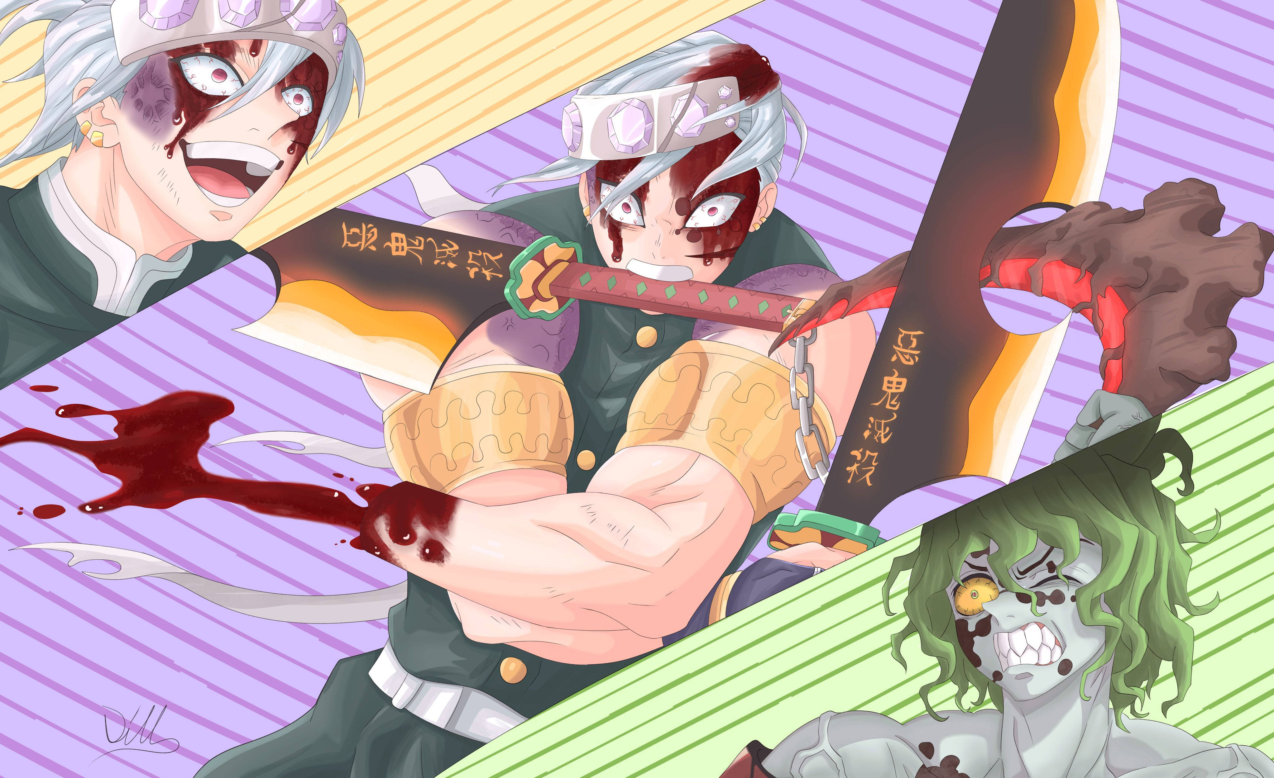 Tengen 桌布 壁紙 — 三位動漫戰士滿臉鮮血，在紫色和綠色條紋背景的動態戰鬥場景中交鋒。