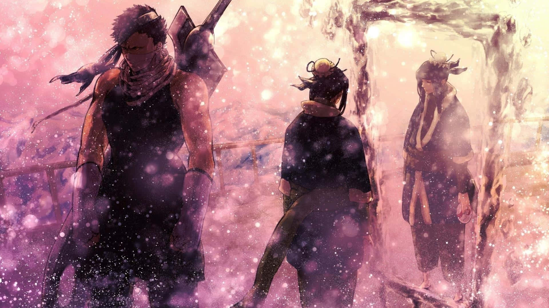 Anime All Characters HD 桌布 壁紙 — 三位動漫戰士站在神秘的粉紅色和紫色雪景中，發光的粒子在他們周圍旋轉。
