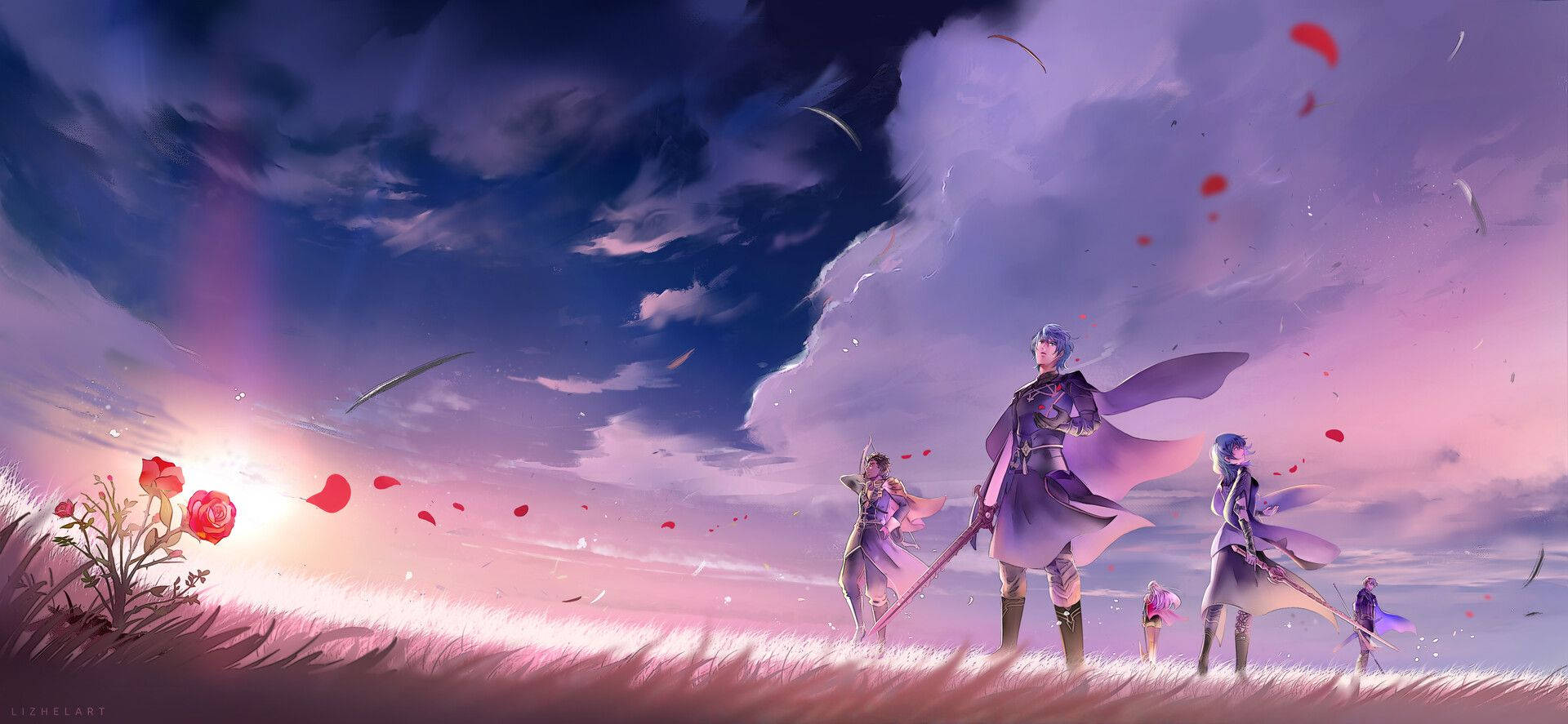 聖火降魔錄 風花雪月 桌布 壁紙 — 三位動漫戰士站在高草叢中，背景是戲劇性的紫色日落天空，漂浮著紅色花瓣。