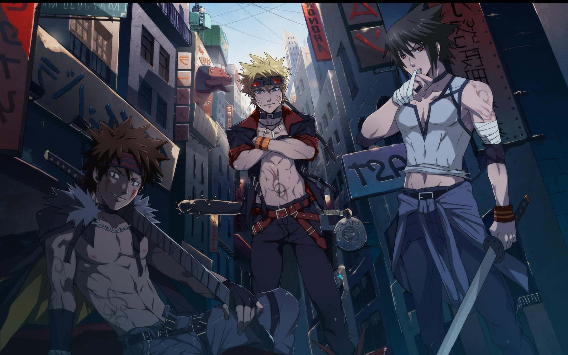 Konoha 桌布 壁紙 — 三位動漫戰士自信地站在霓虹燈照亮的城市小巷，周圍有高聳建築物和日本標誌。