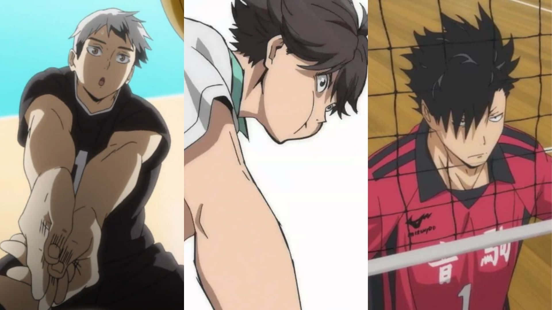Haikyuu Captains 桌布 壁紙 — 三位動漫排球運動員在沙地和木地場上於明亮日光下進行激烈比賽的瞬間。