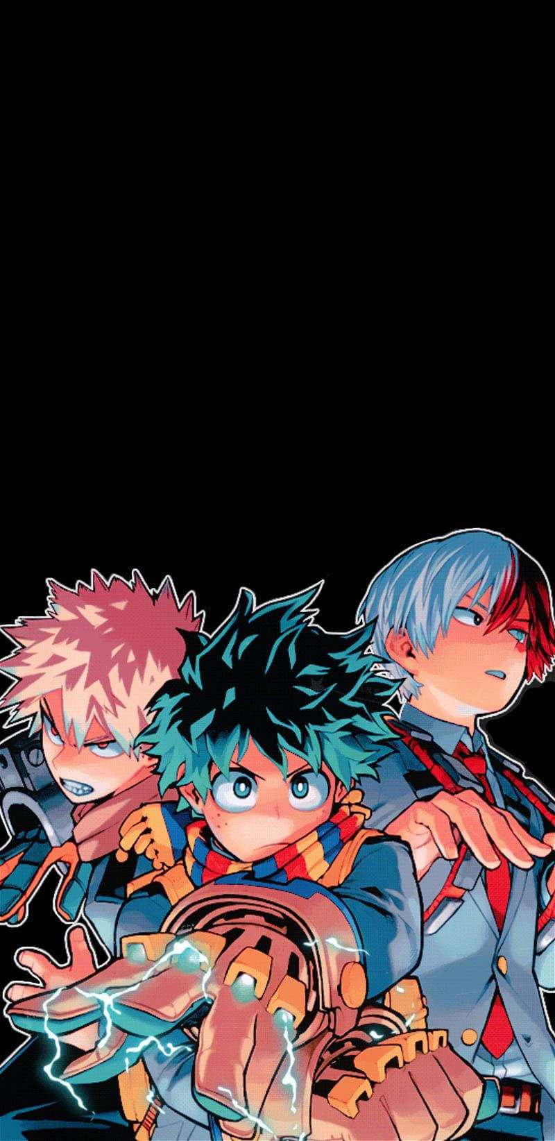 Deku X Todoroki X Bakugou 桌布 壁紙 — 三位動漫英雄，頭髮尖刺，拳頭發光，在黑色背景前準備就緒。