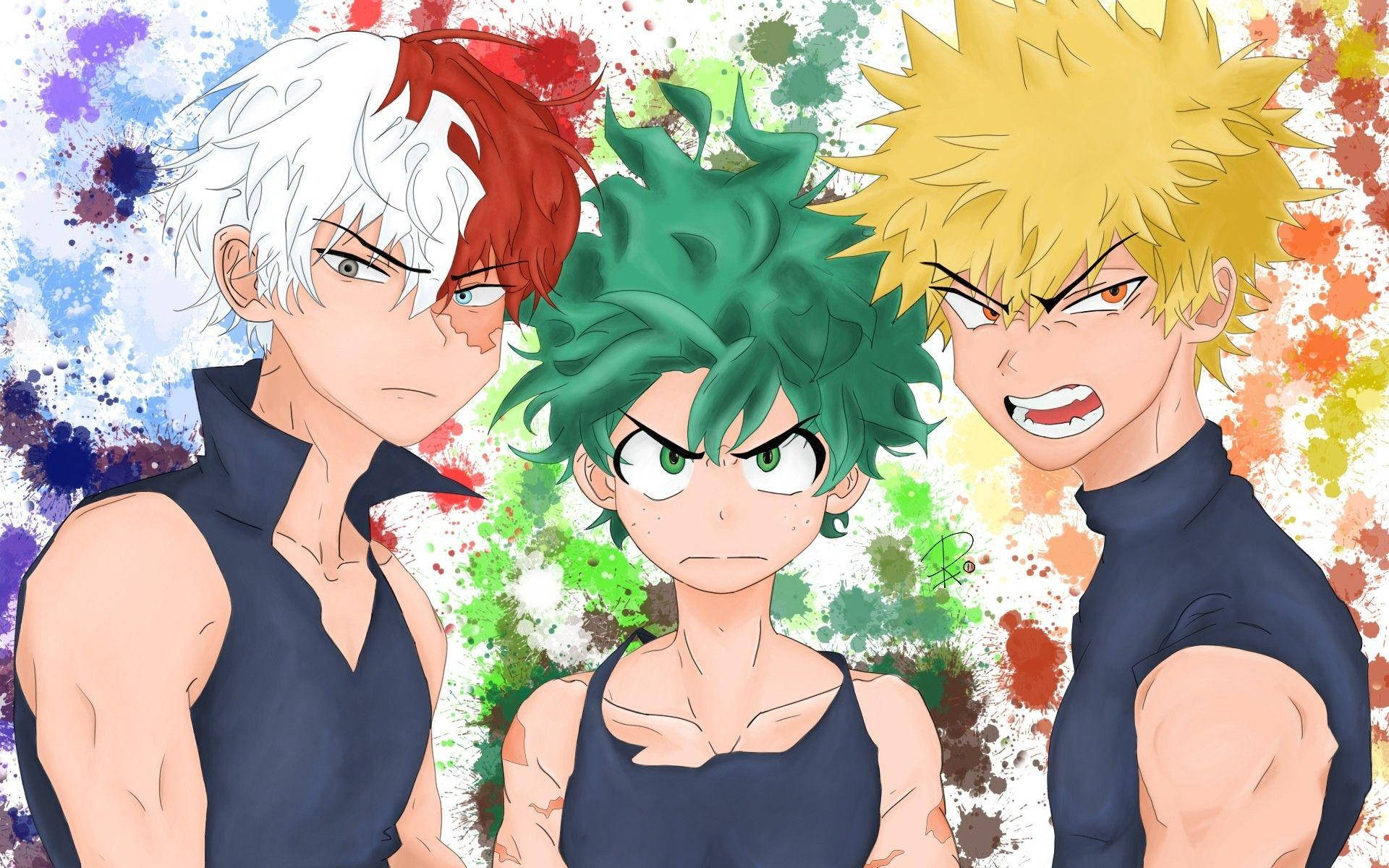 Todobakudeku 桌布 壁紙 — 三位動漫英雄，頭髮尖刺，身穿深色背心，站在充滿活力的油漆飛濺背景前。