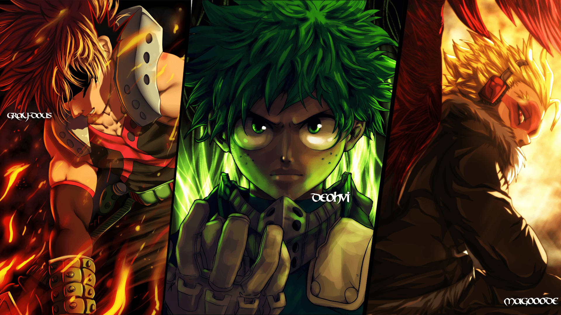 Hawks My Hero Academia 桌布 壁紙 — 三位動漫英雄以動態姿勢呈現，背景為熾熱發光的綠色。