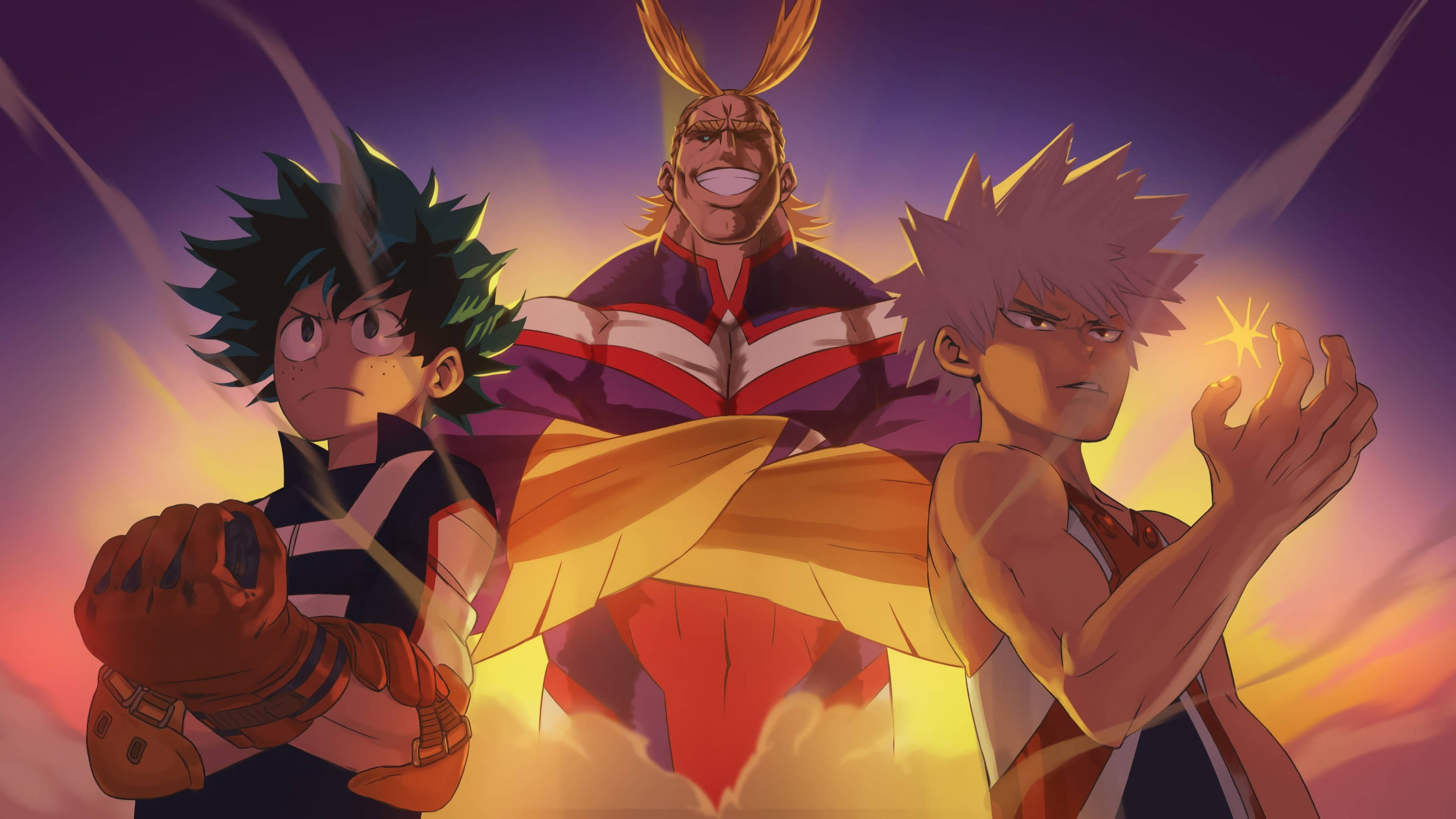 Villain 桌布 壁紙 — 三位動漫英雄在充滿活力的日落天空背景下英勇站立，周圍環繞著動態能量效果。