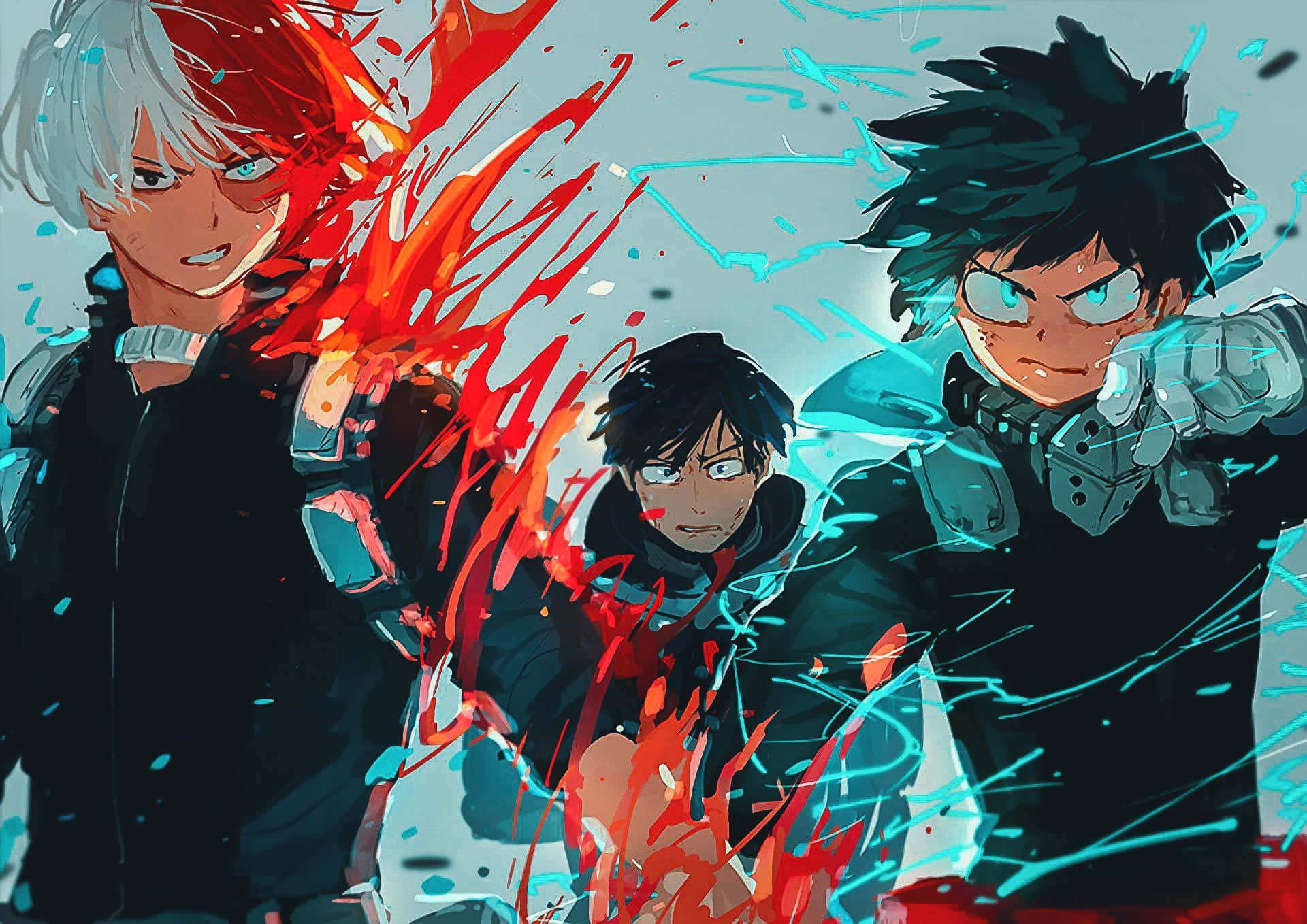 Izuku Midoriya 桌布 壁紙 — 三位動漫英雄在動態戰鬥場景中以爆炸性的紅色和青色能量爆發碰撞。