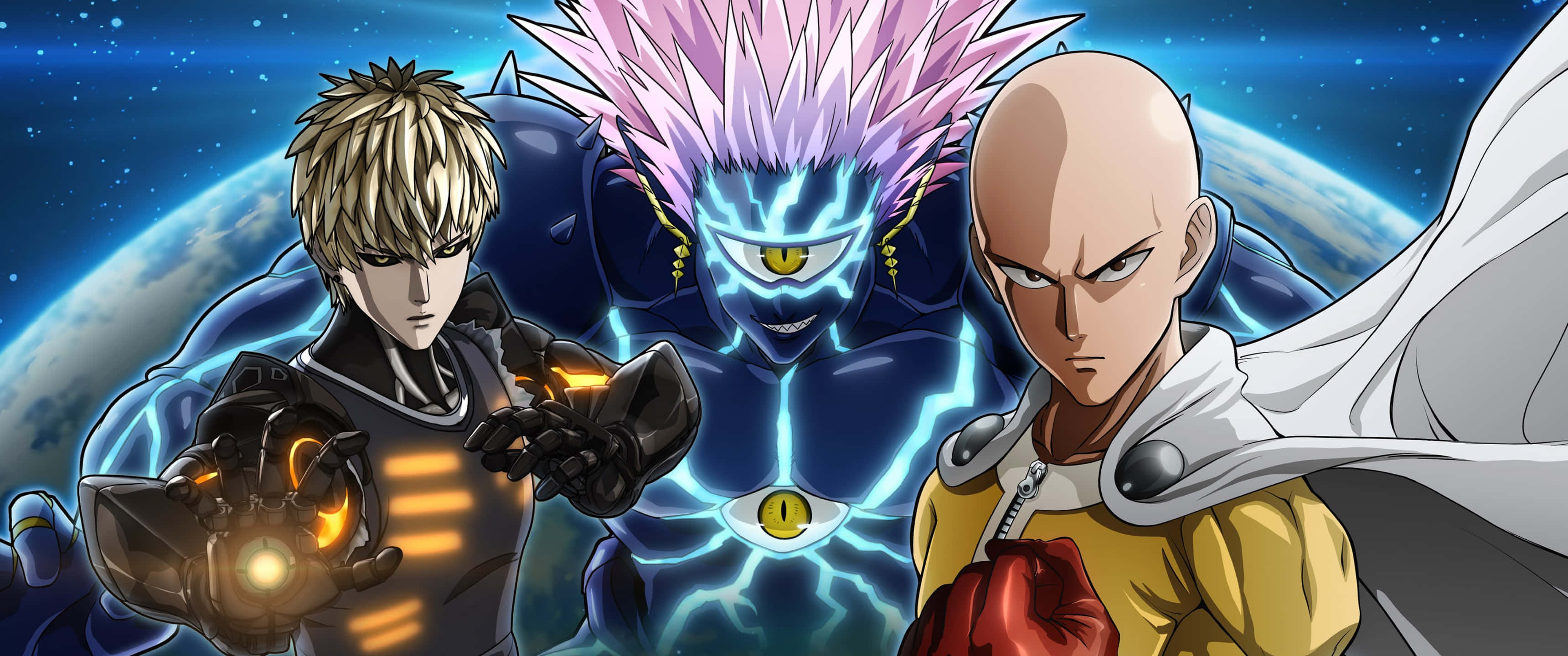 Best Anime 桌布 壁紙 — 三位動漫英雄在宇宙背景下，身後有行星和星空，挑釁地站立著。