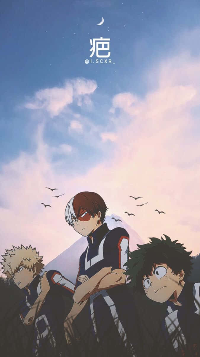 Aesthetic Anime 桌布 壁紙 — 三位動漫英雄在暮色天空下站立，背後有山脈和飛鳥。
