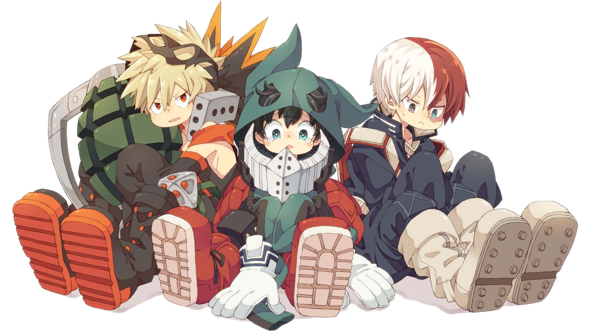 Cute My Hero Academia 桌布 壁紙 — 三位動漫英雄穿著英雄服裝，坐在純白色背景上，表情豐富，鞋子細節精緻。
