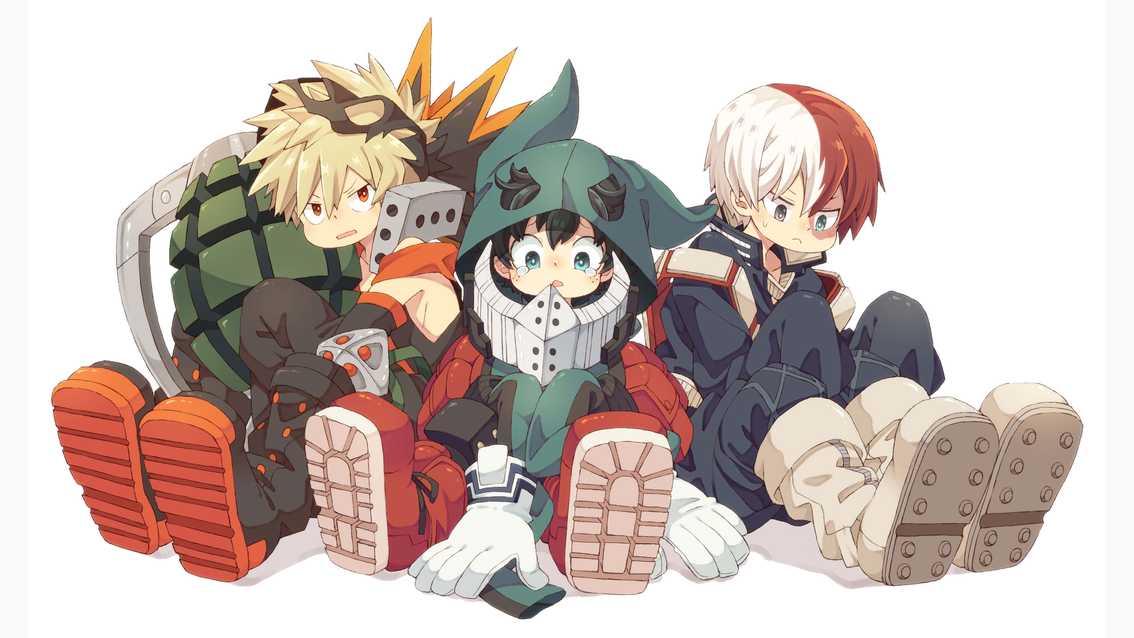 My Hero Academia Laptop 桌布 壁紙 — 三位動漫英雄穿著英雄服裝，坐在純白色背景上，搭配色彩繽紛的鞋子。