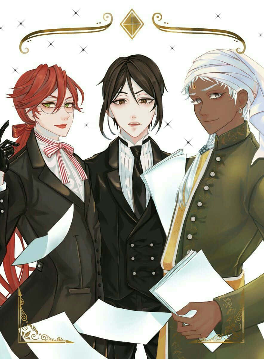 Black Butler Agni 桌布 壁紙 — 三位動漫風格、身穿正裝的男士，在一個飾有閃爍星星的金色華麗框架下，一起手持文件站立。