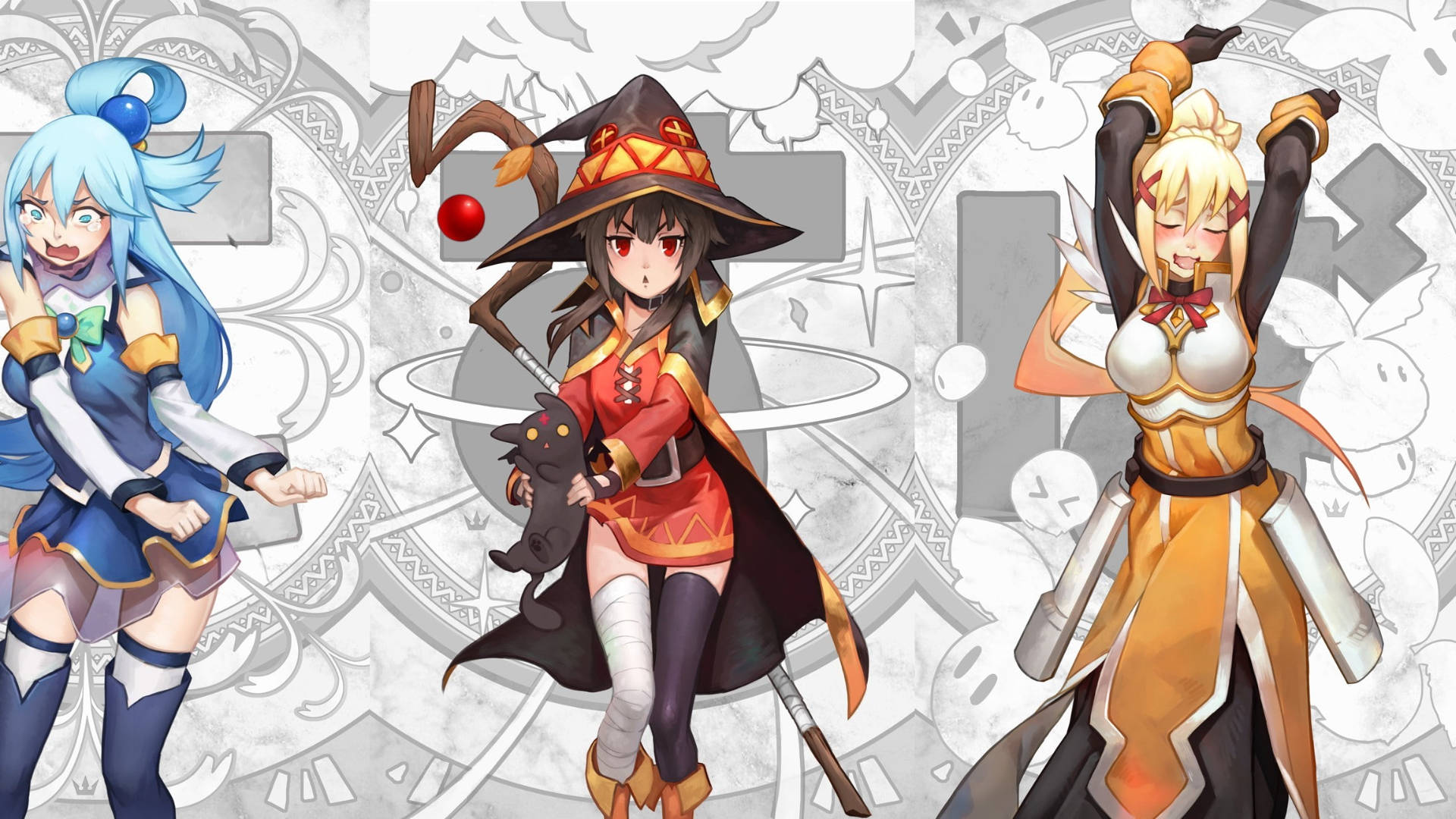 Witchy 桌布 壁紙 — 三位動漫風格奇幻少女穿著色彩繽紛的服裝，在帶有圖案的灰色背景前動態擺姿勢。