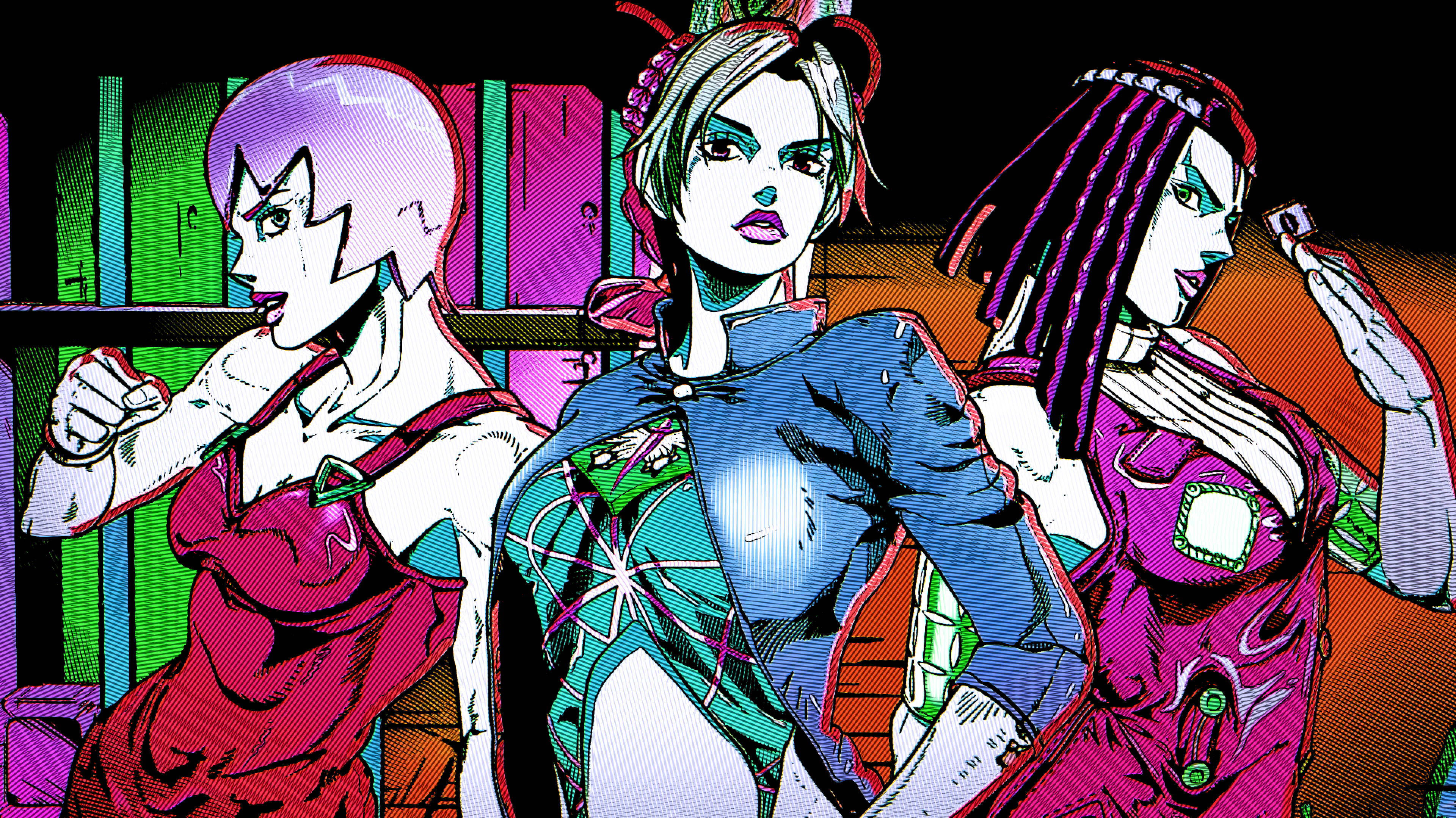 jojo 4K 桌布 壁紙 — 三位動漫風格女性，擁有鮮豔的髮色和大膽的服裝，在色彩繽紛、風格化的背景前自信地擺姿勢。