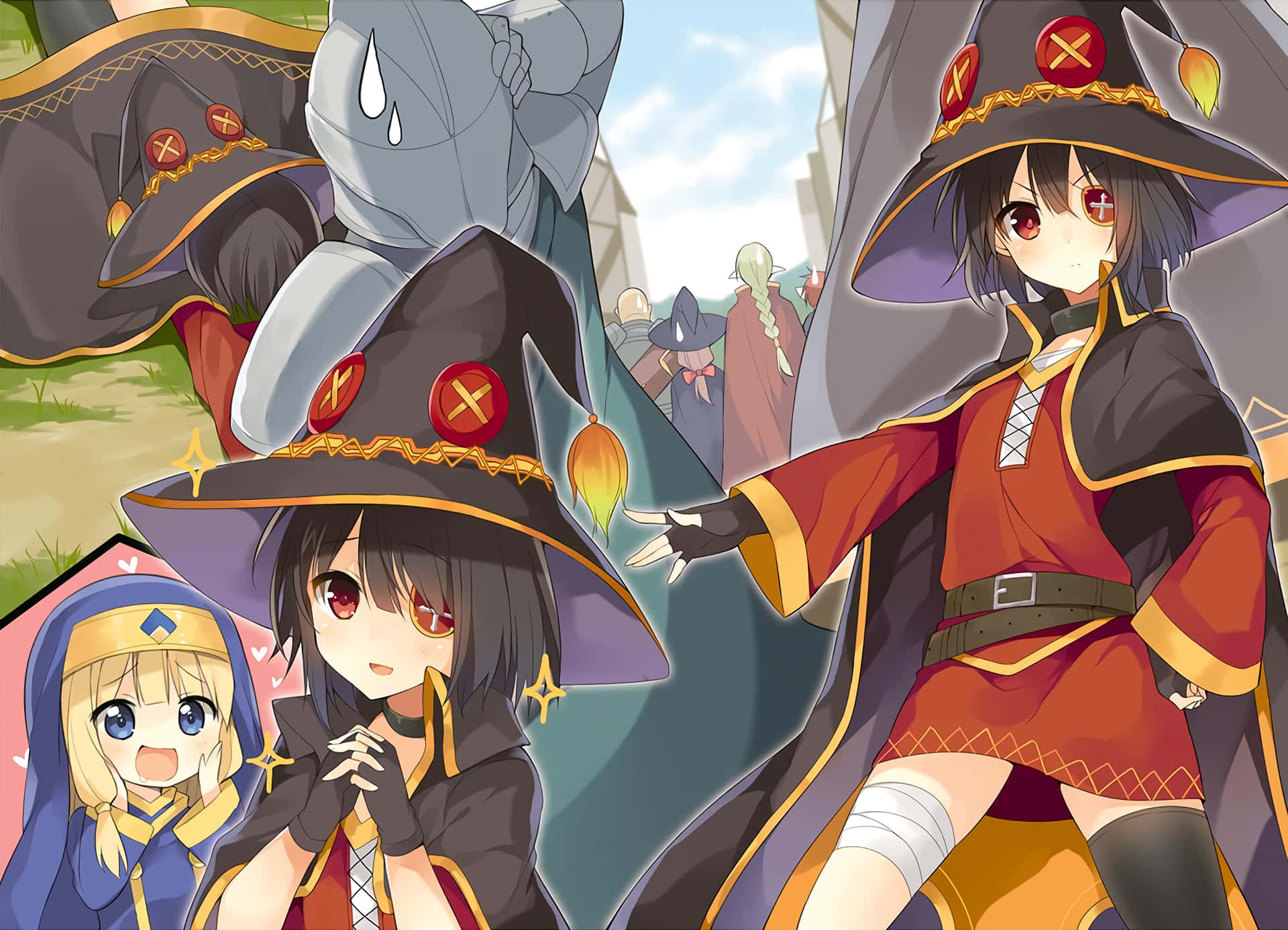 Konosuba 桌布 壁紙 — 三位動漫風格的女巫，戴著精緻的黑色帽子，穿著紅色服裝，自信地站在明亮的戶外環境中，背景是一座城堡。