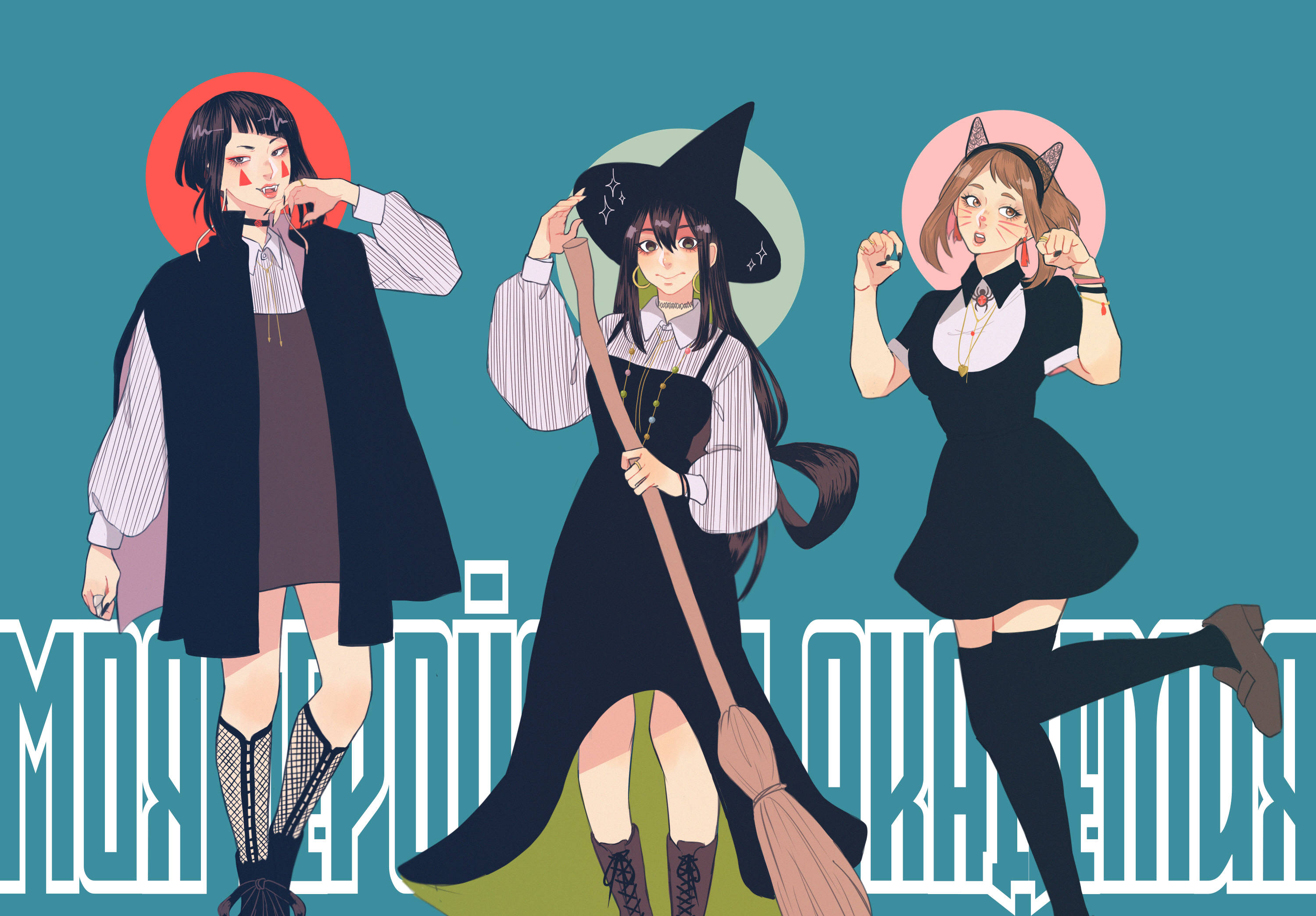my 桌布 壁紙 — 三位動漫風格的女巫穿著校服，在青綠色背景和圓形背景前自信地擺姿勢。