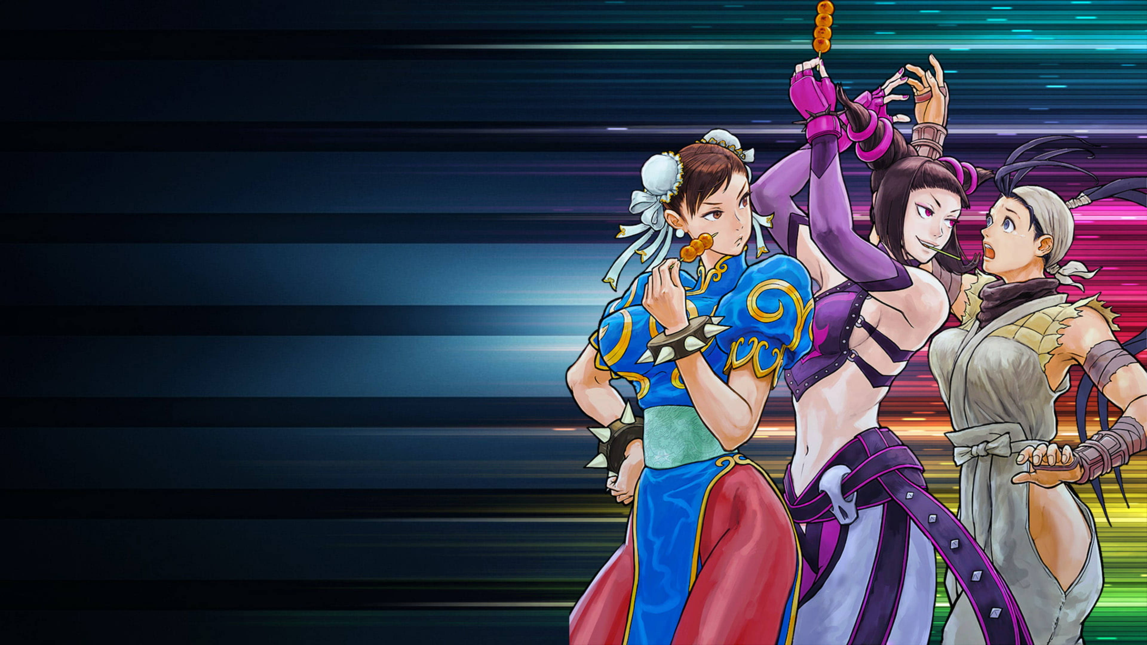 Capcom 桌布 壁紙 — 三位動漫風格的女戰士在霓虹燈光下的動態模糊背景前擺出動感姿勢。