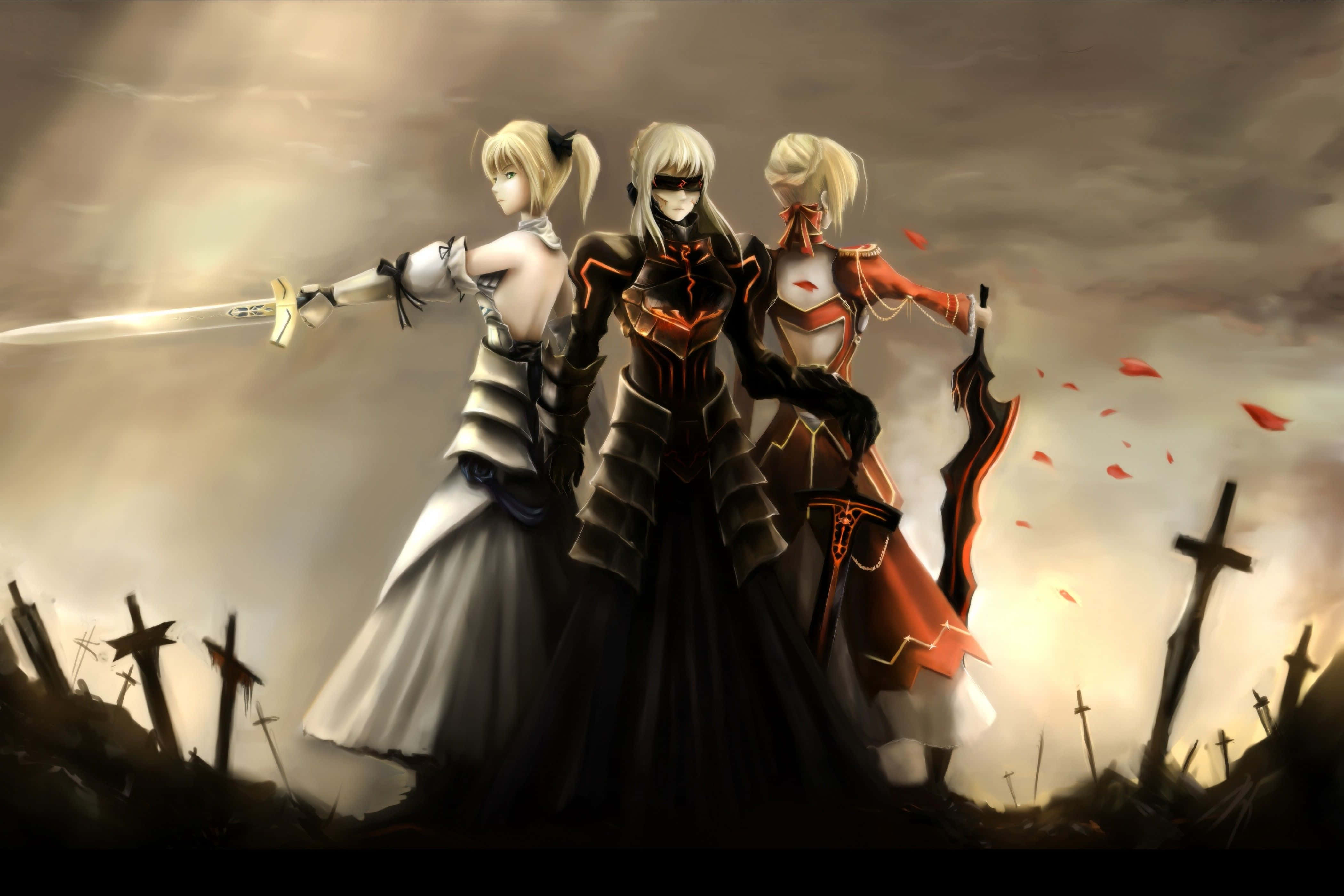 Fate 桌布 壁紙 — 三位動漫風格的戰士在暴風雨的天空下，站在佈滿破碎十字架的田野中，手持劍和弓準備就緒。