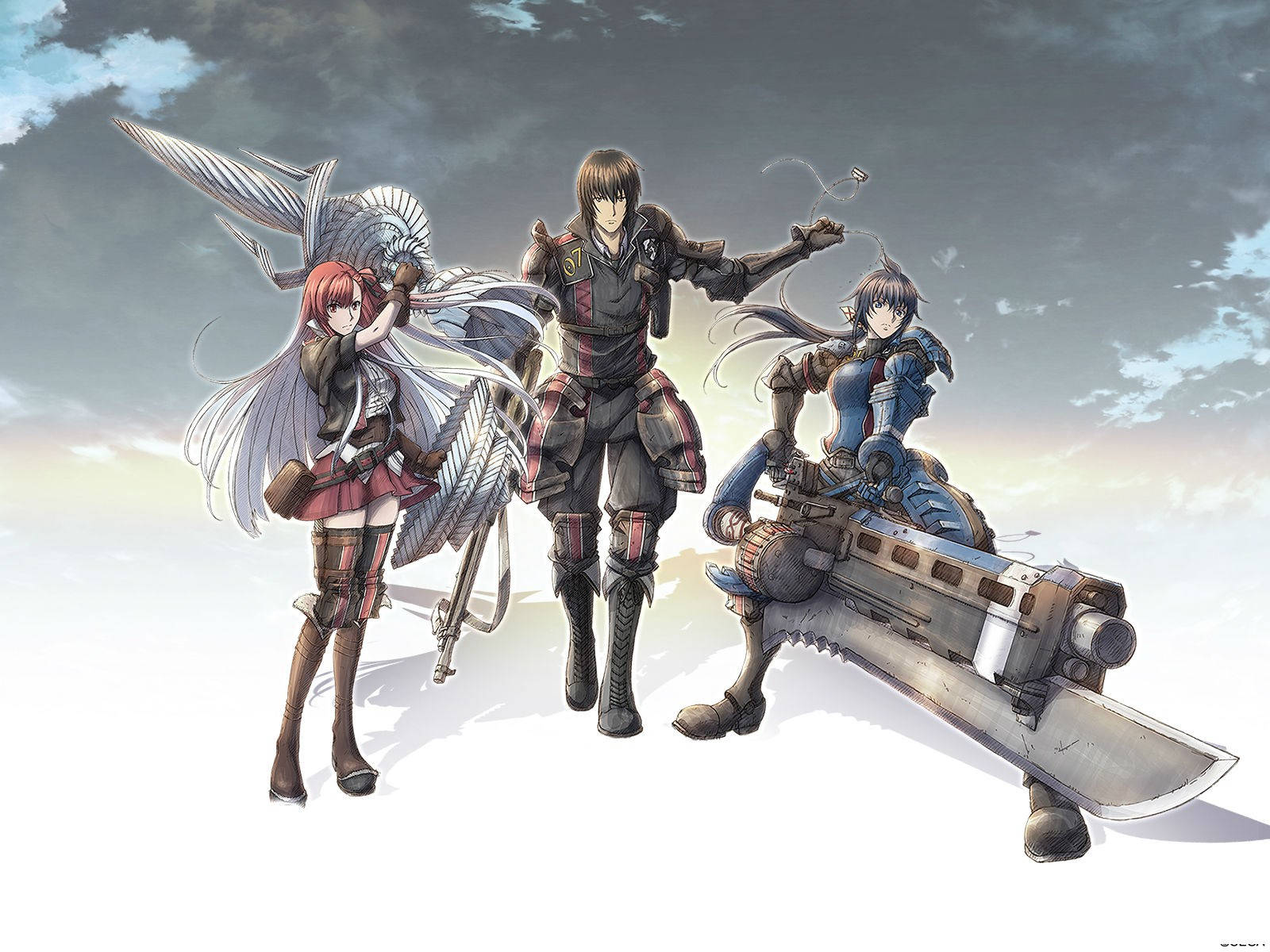 Valkyria Chronicles 桌布 壁紙 — 三位動漫風格的戰士手持巨型武器，在戲劇性的多雲天空下蓄勢待發。