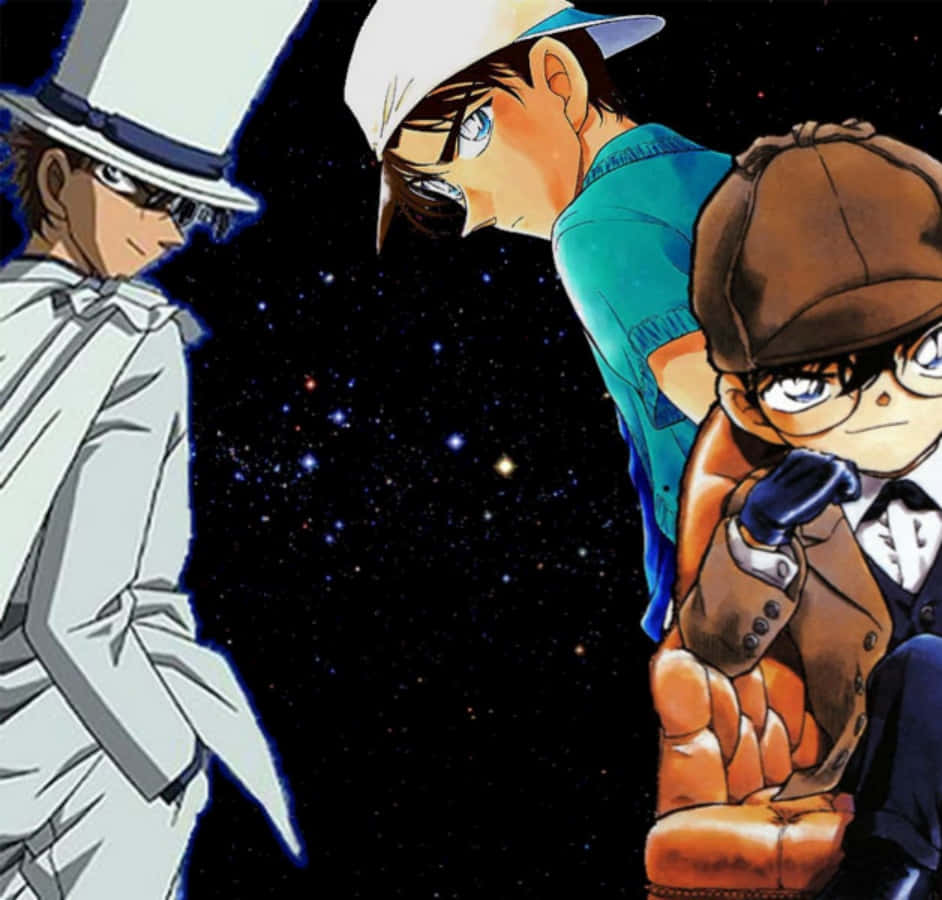 Detective Conan 桌布 壁紙 — 三位動畫偵探穿著正式服裝，在星光燦爛的宇宙背景下，表情強烈地站立。