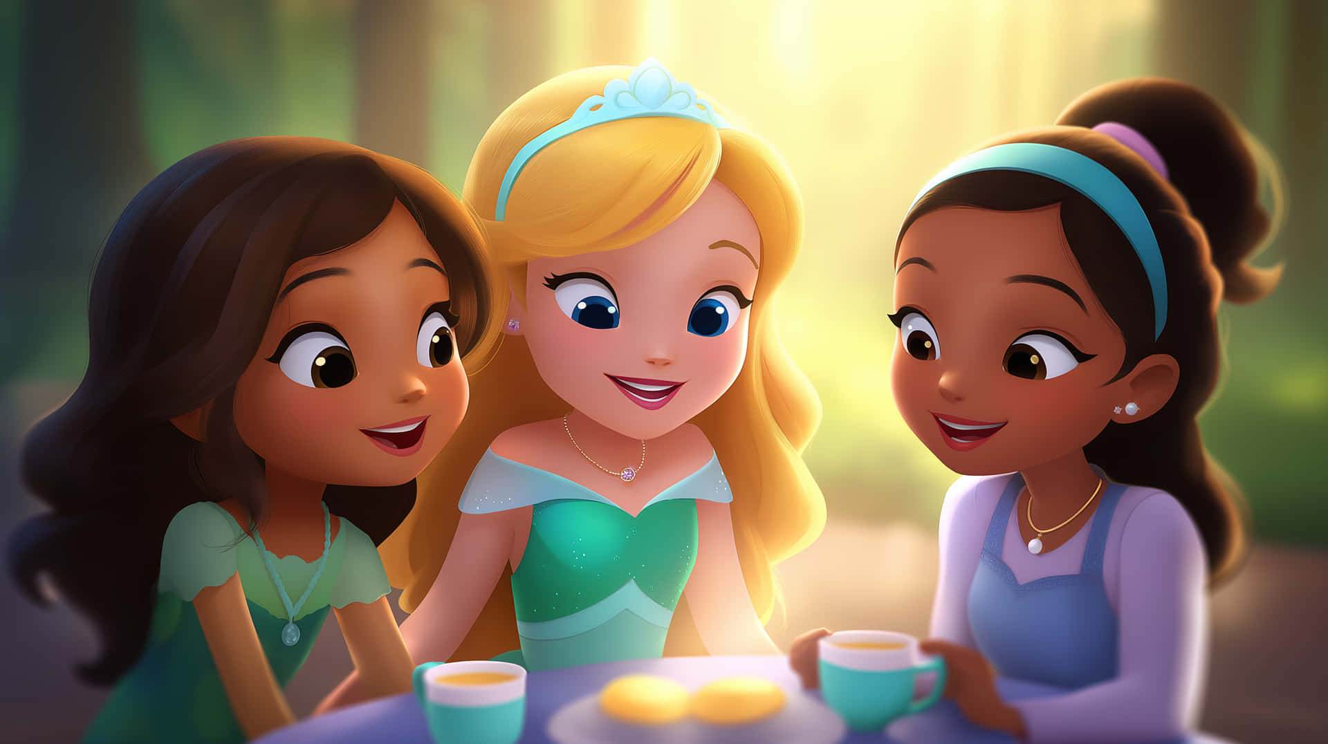 Three Adorable Princesses Enjoying a Charming Tea Party 壁紙 — 三位動畫公主帶著愉快表情在陽光普照的森林空地分享茶點。