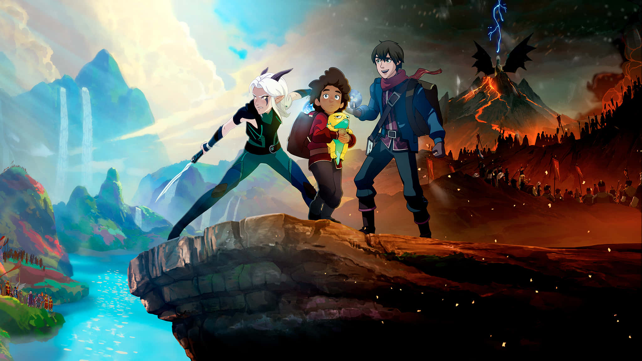 The Dragon Prince 桌布 壁紙 — 三位動畫冒險家站在懸崖邊，面對著火山景觀，身後有一條龍和發光的瀑布。