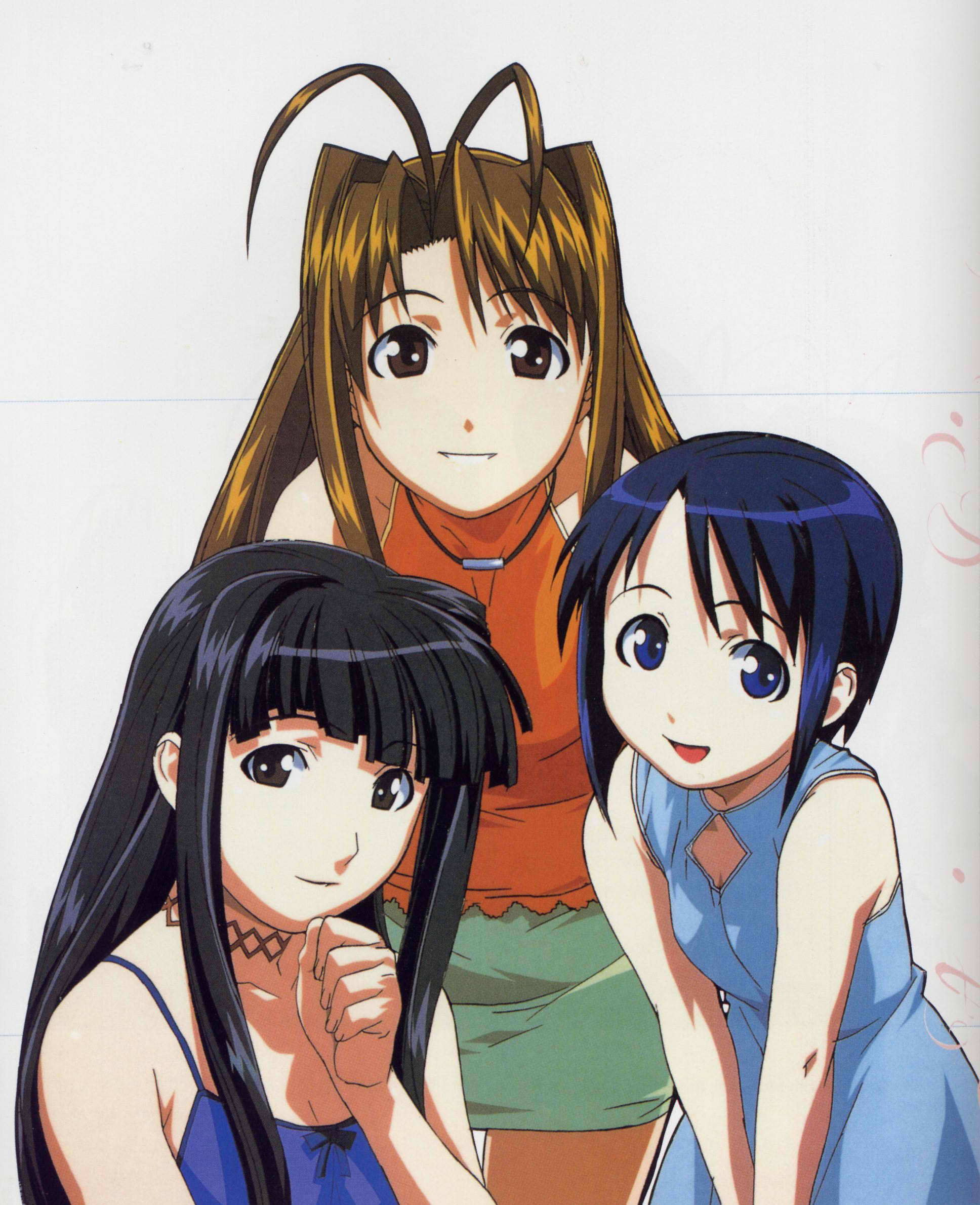 Hina 桌布 壁紙 — 三位動畫女孩，各有獨特髮型和色彩繽紛的服裝，在素色背景前一起擺姿勢。