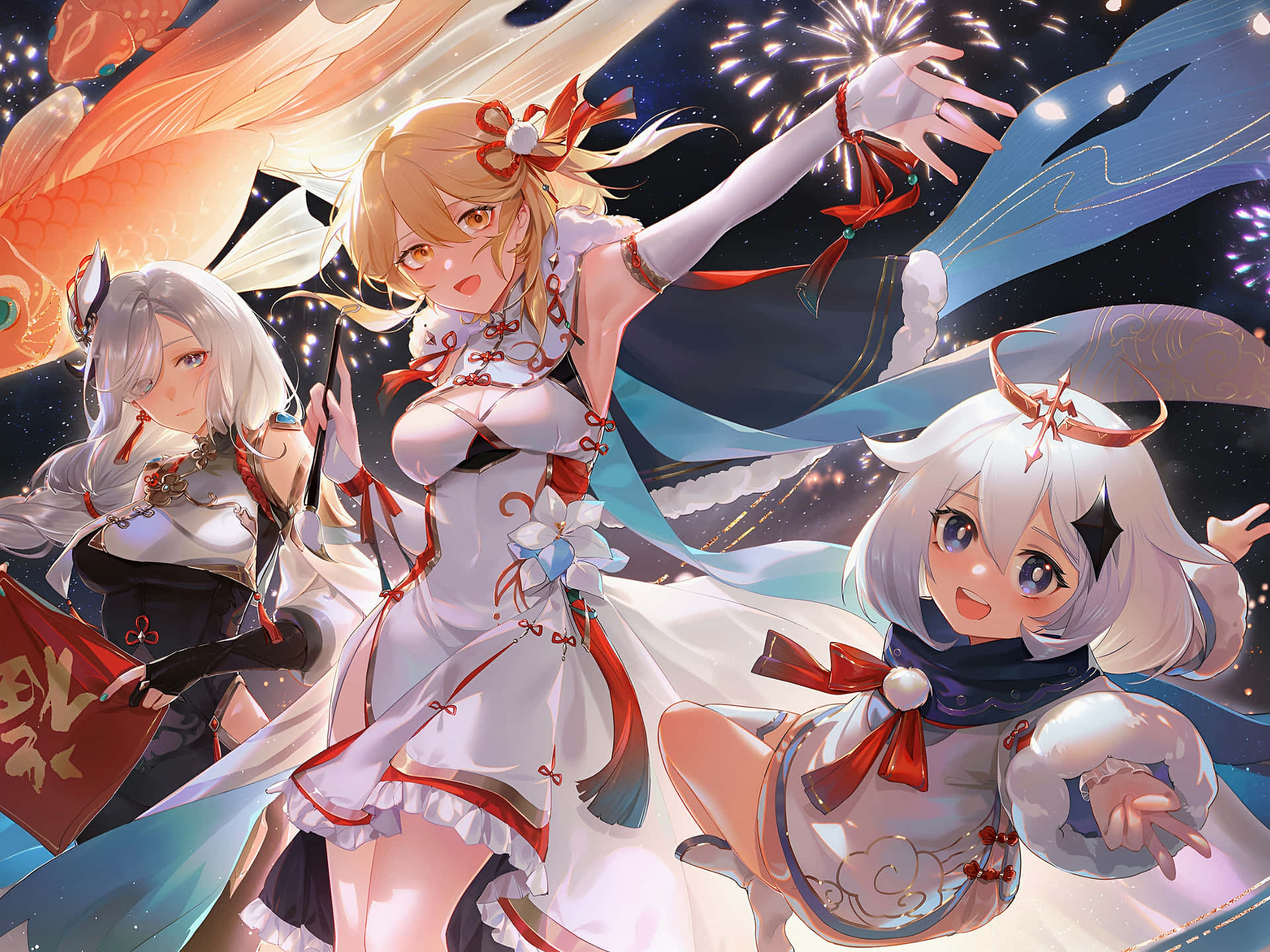 Genshin Impact Characters 桌布 壁紙 — 三位動畫女孩穿著節日傳統服飾，在閃爍的煙火下，以星空夜空為背景慶祝。
