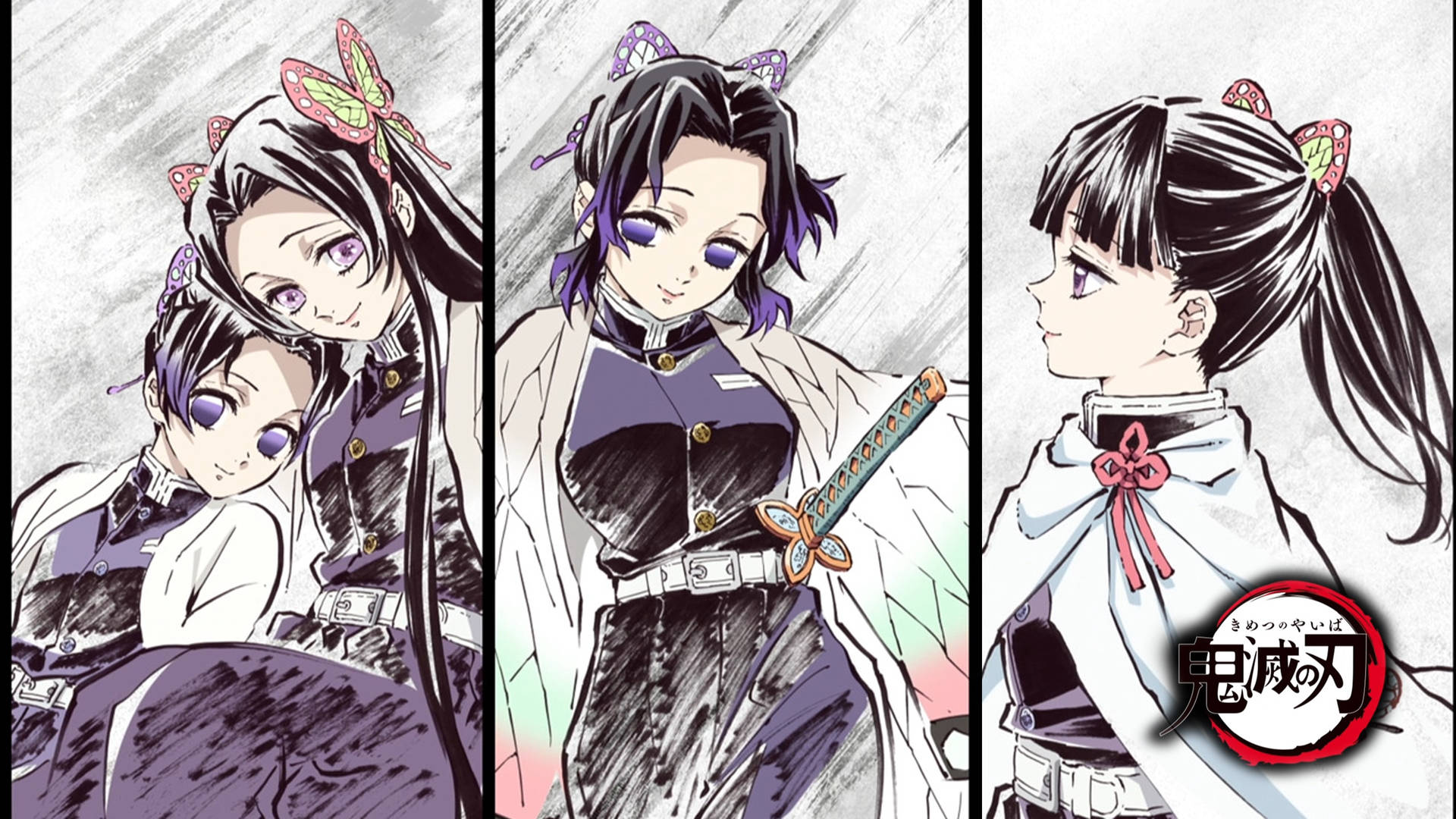 三位動畫少女穿著制服，戴著蝴蝶髮夾和劍，素描風格。