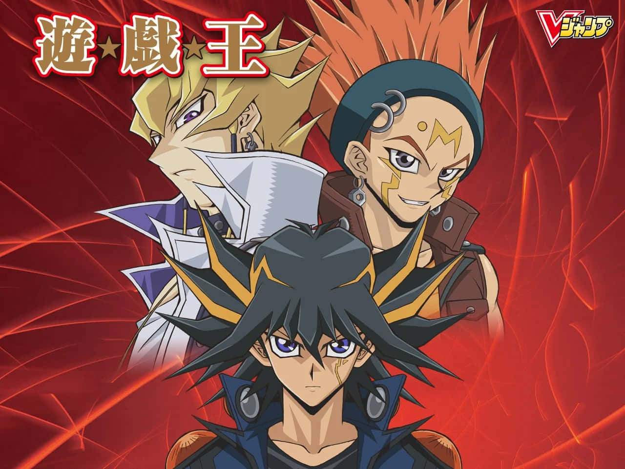 Crow Hogan 桌布 壁紙 — 三位動畫決鬥者，頭髮尖刺，表情激烈，站在帶有發光能量線條的熾熱紅色背景前。