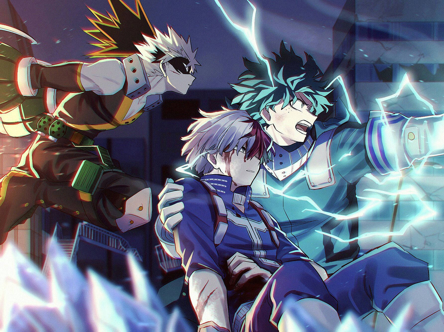 Todobakudeku 桌布 壁紙 — 三位動畫英雄以動感姿態在黑暗天空下，於破碎的城市背景中釋放電能。