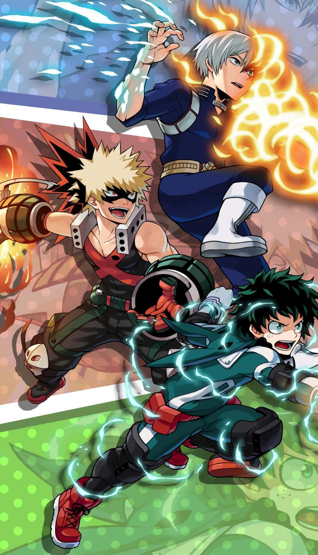 Deku And Todoroki 桌布 壁紙 — 三位動畫英雄在動態戰鬥場景中釋放熾熱的火焰、冰和閃電力量。