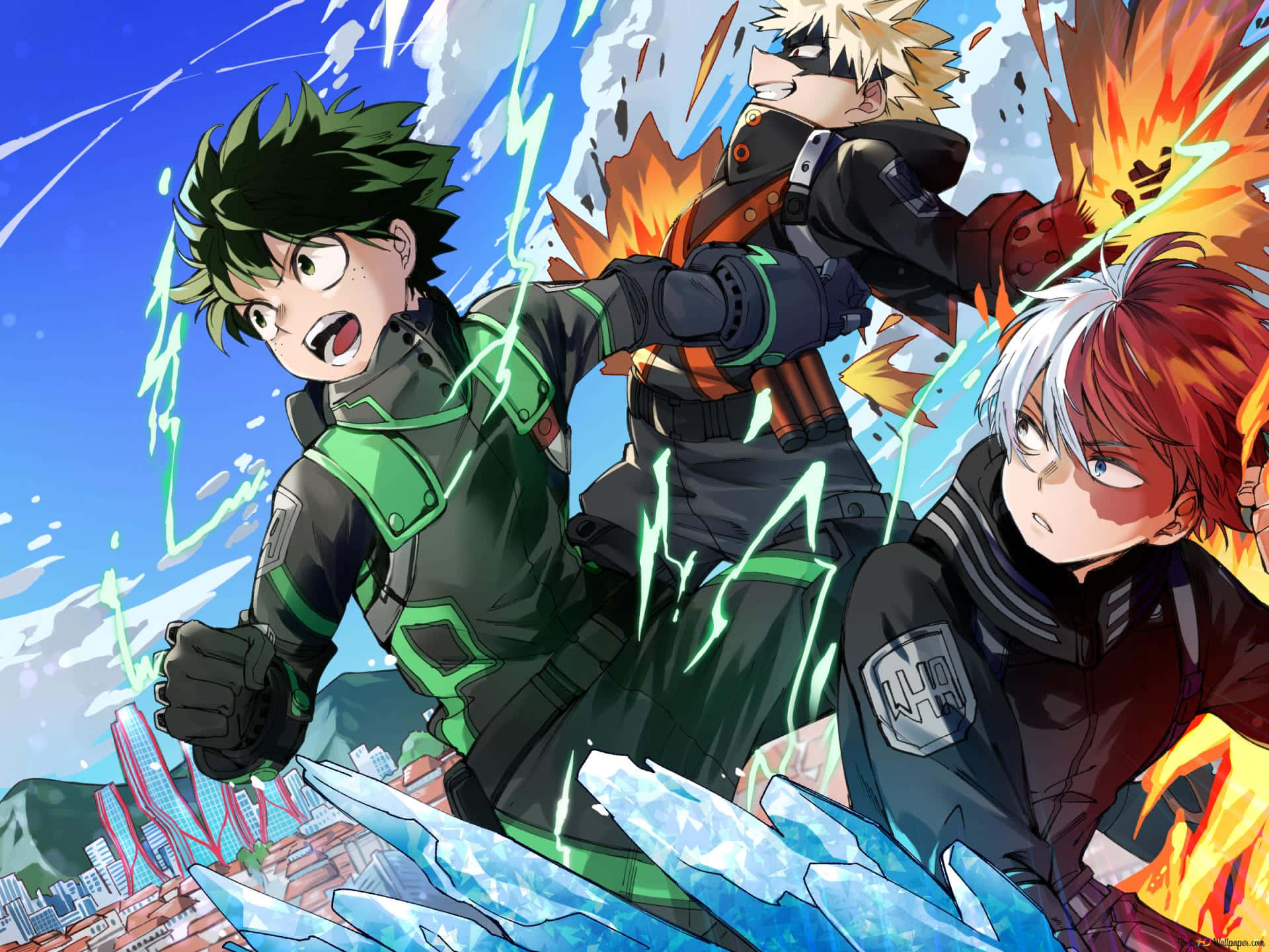 Deku And Todoroki 桌布 壁紙 — 三位動畫英雄在明亮的藍天下，以城市景觀為背景，釋放元素力量——冰、閃電和火。