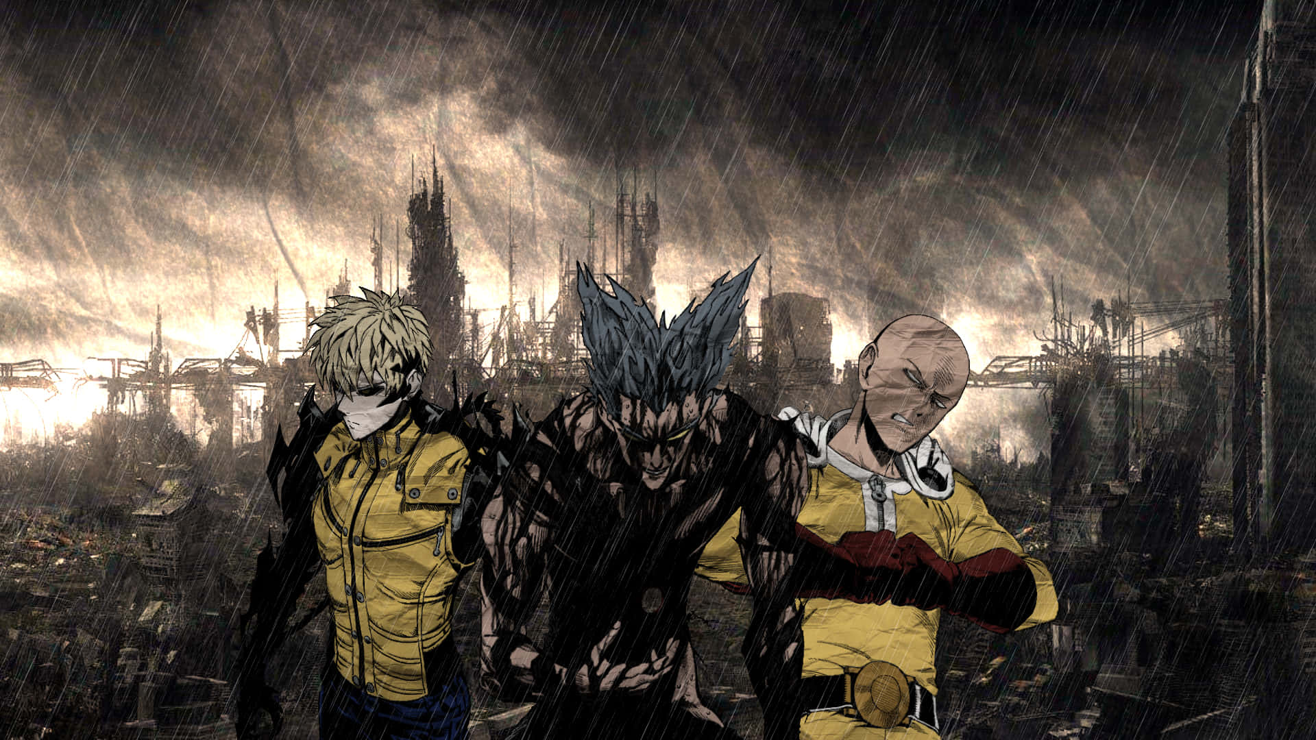 One Punch Man Season 2 桌布 壁紙 — 三位動畫英雄在暴風雨的天空下，屹立於被雨水浸透的廢墟城市中，表現出挑釁姿態。