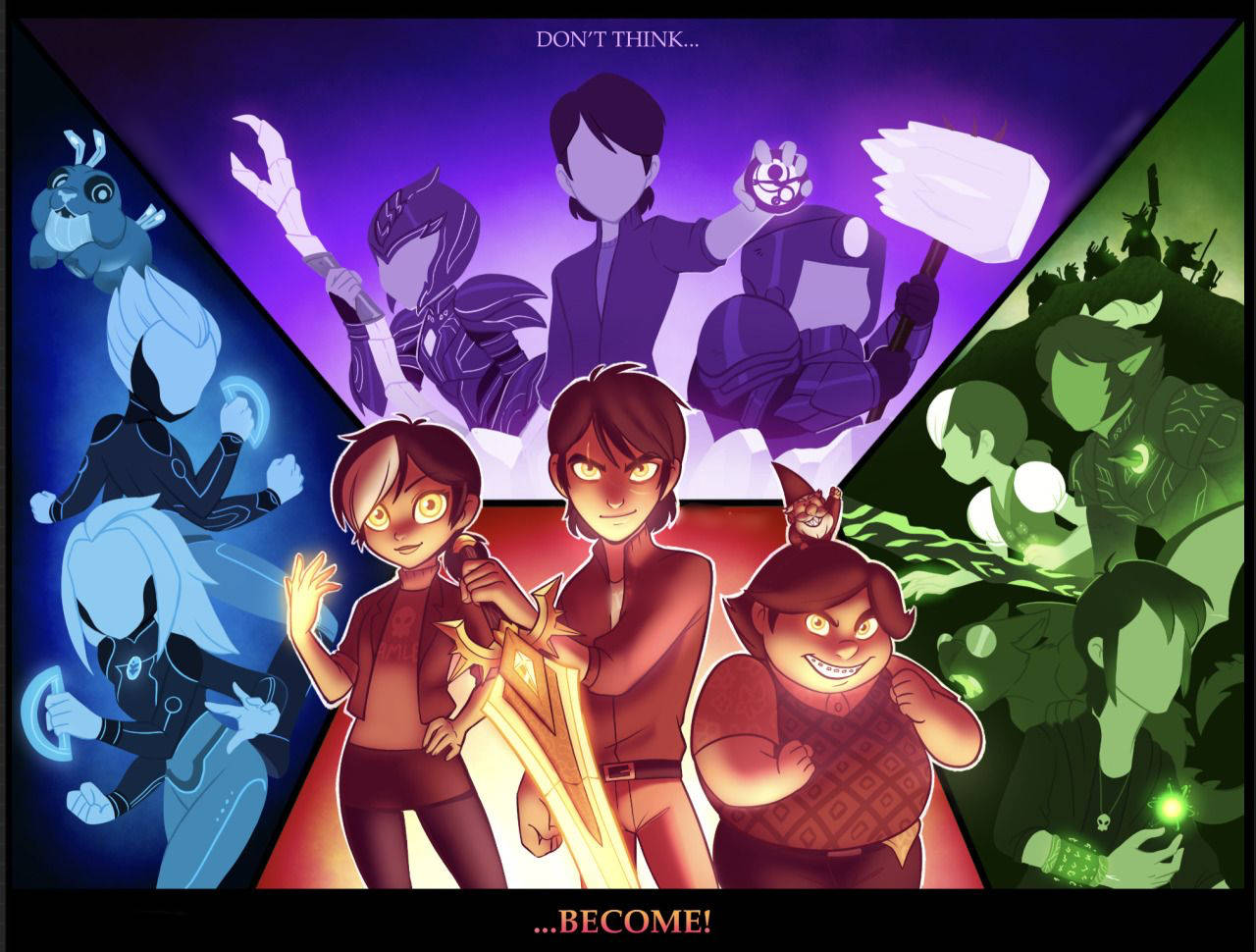 trollhunters tales of arcadia 桌布 壁紙 — 三位動畫英雄手持發光武器準備就緒，而光譜形體從藍色、紫色和綠色的能量場中出現。