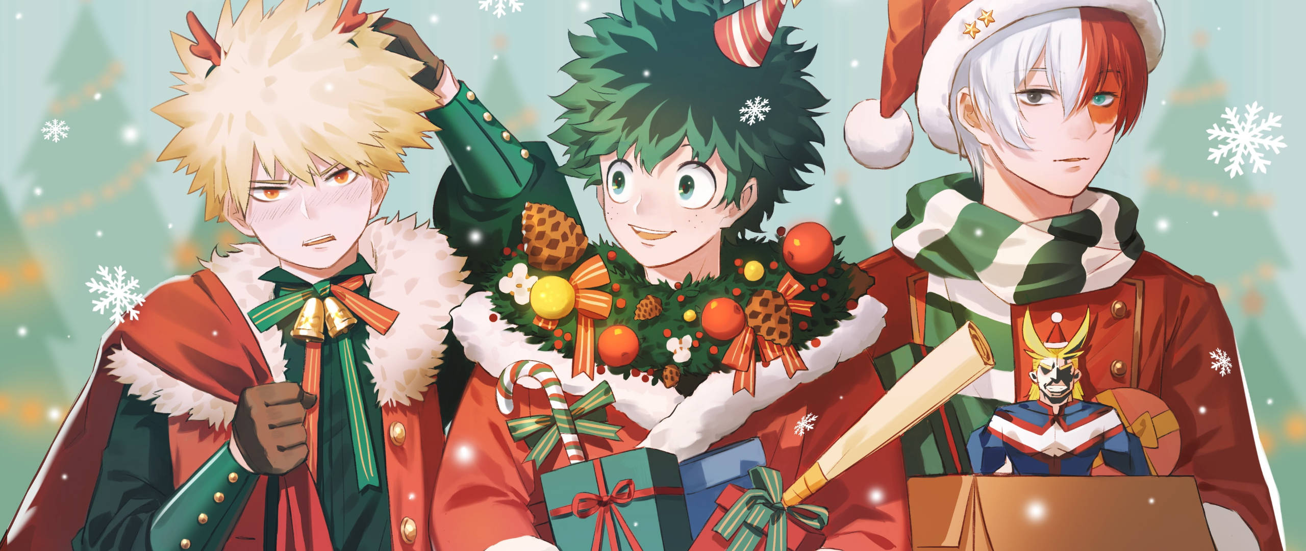 Mha 桌布 壁紙 — 三位動畫英雄穿著節日紅色外套和節日帽子，在雪白的冬季背景下擺姿勢，手持禮物和裝飾品。
