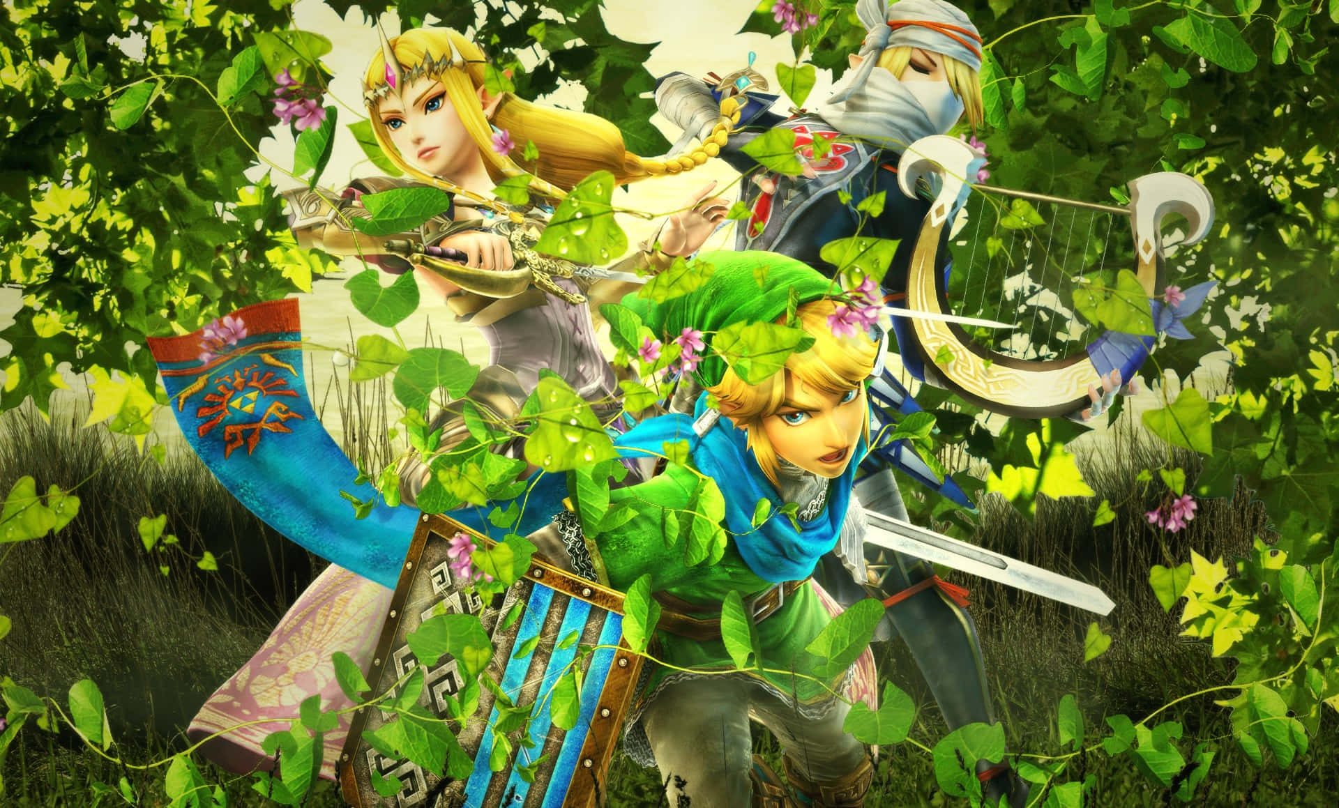 The Legend Of Zelda Hyrule 桌布 壁紙 — 三位動畫英雄站在茂密的綠色樹葉中，周圍有鮮豔的花朵和陽光透過樹葉照射進來。