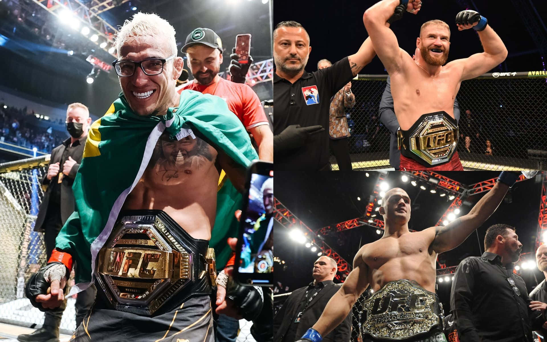 UFC 桌布 壁紙 — 三位勝利的UFC拳手在八角籠中慶祝勝利，身上披著冠軍腰帶和國旗。