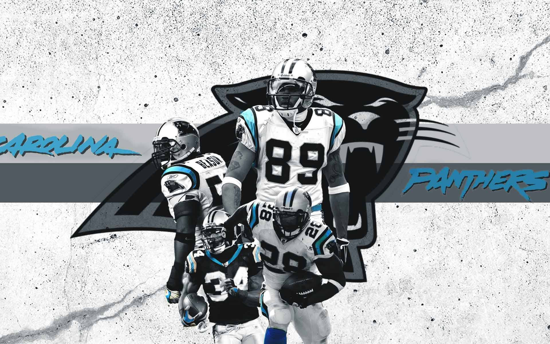 Panthers 桌布 壁紙 — 三位卡羅萊納黑豹美式足球員在粗糙混凝土背景上擺出動作姿勢，並帶有球隊標誌。