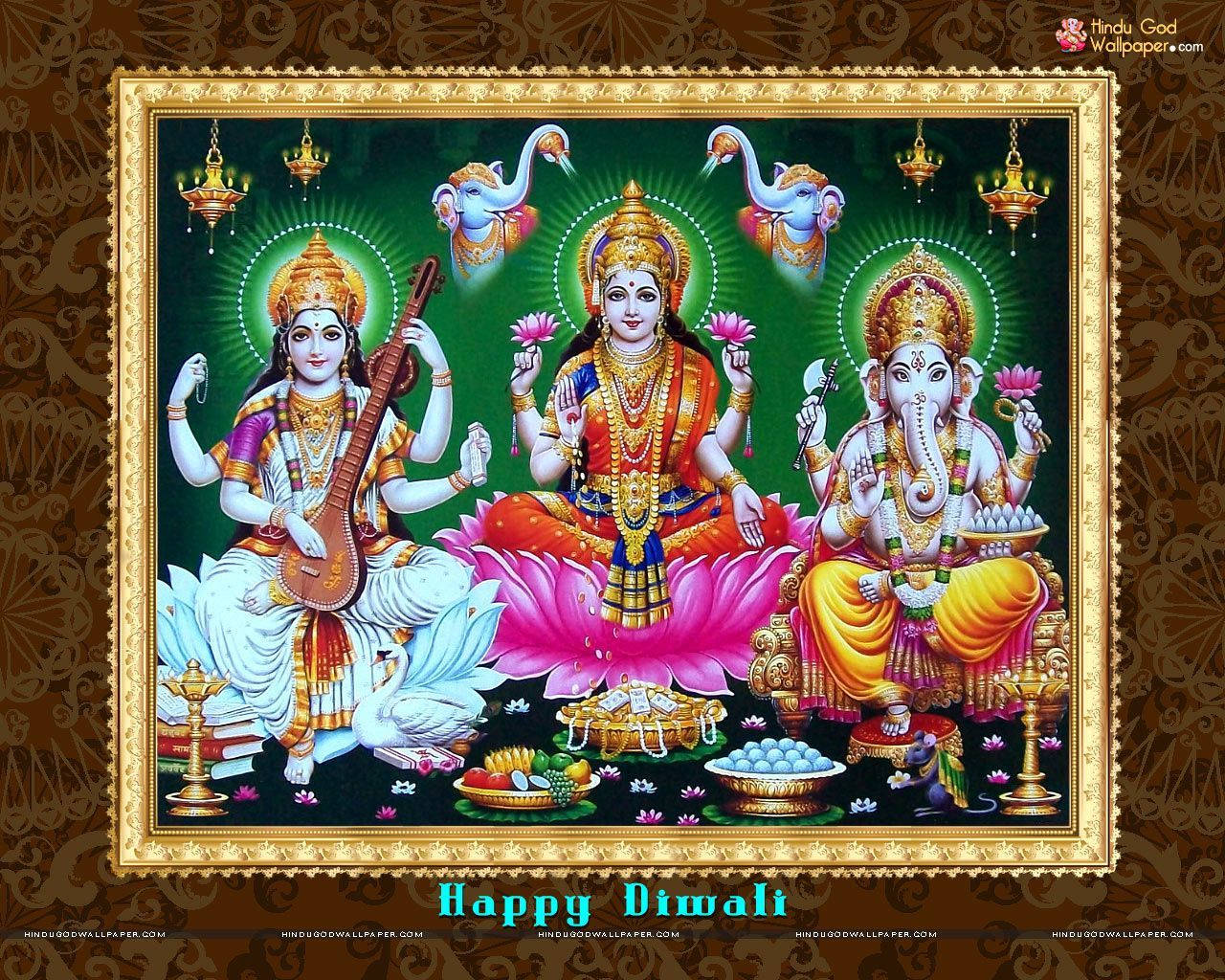 Hindu God 桌布 壁紙 — 三位印度教神祇端坐在裝飾著供品的蓮花上，大象在兩側護衛，背景是耀眼的綠色。