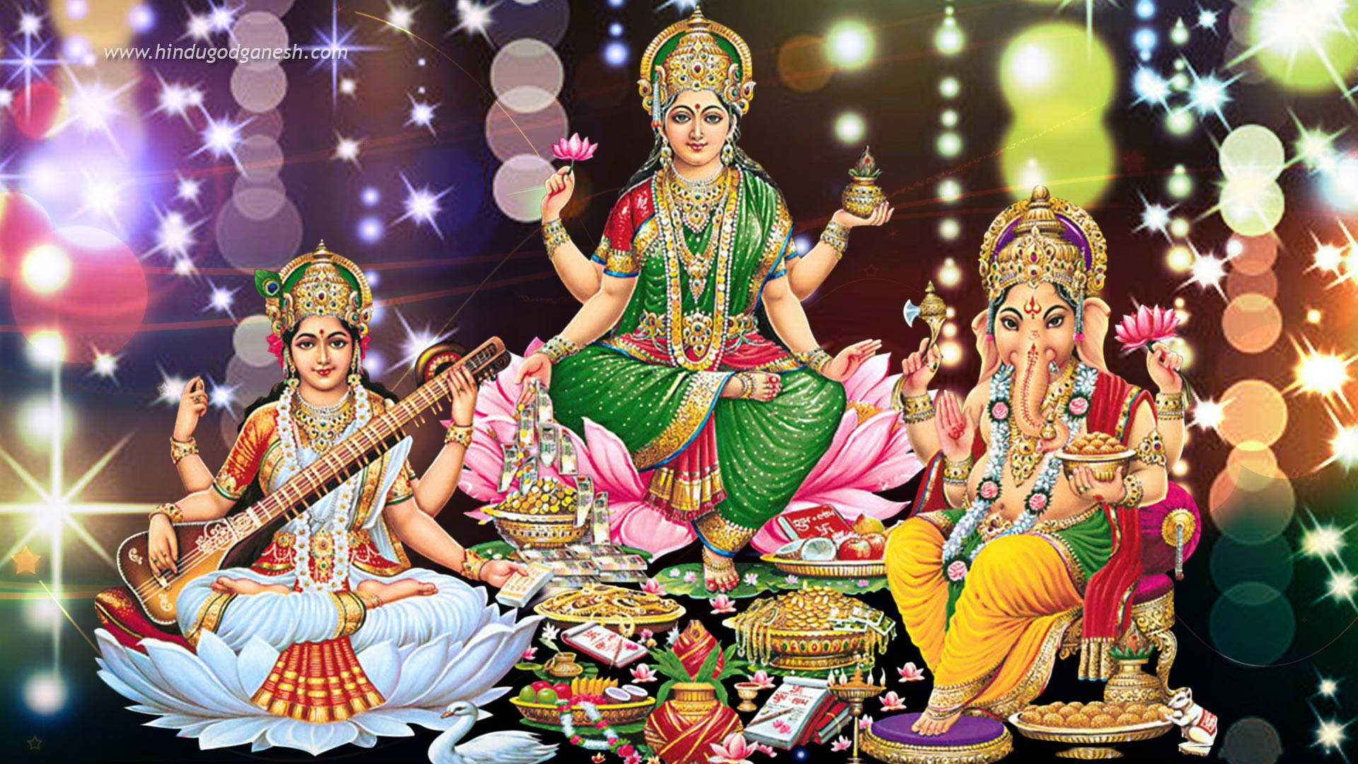 Saraswati 桌布 壁紙 — 三位印度教神祇莊嚴地坐在蓮花上，周圍閃爍著光芒和供品，呈現出充滿活力的神聖場景。