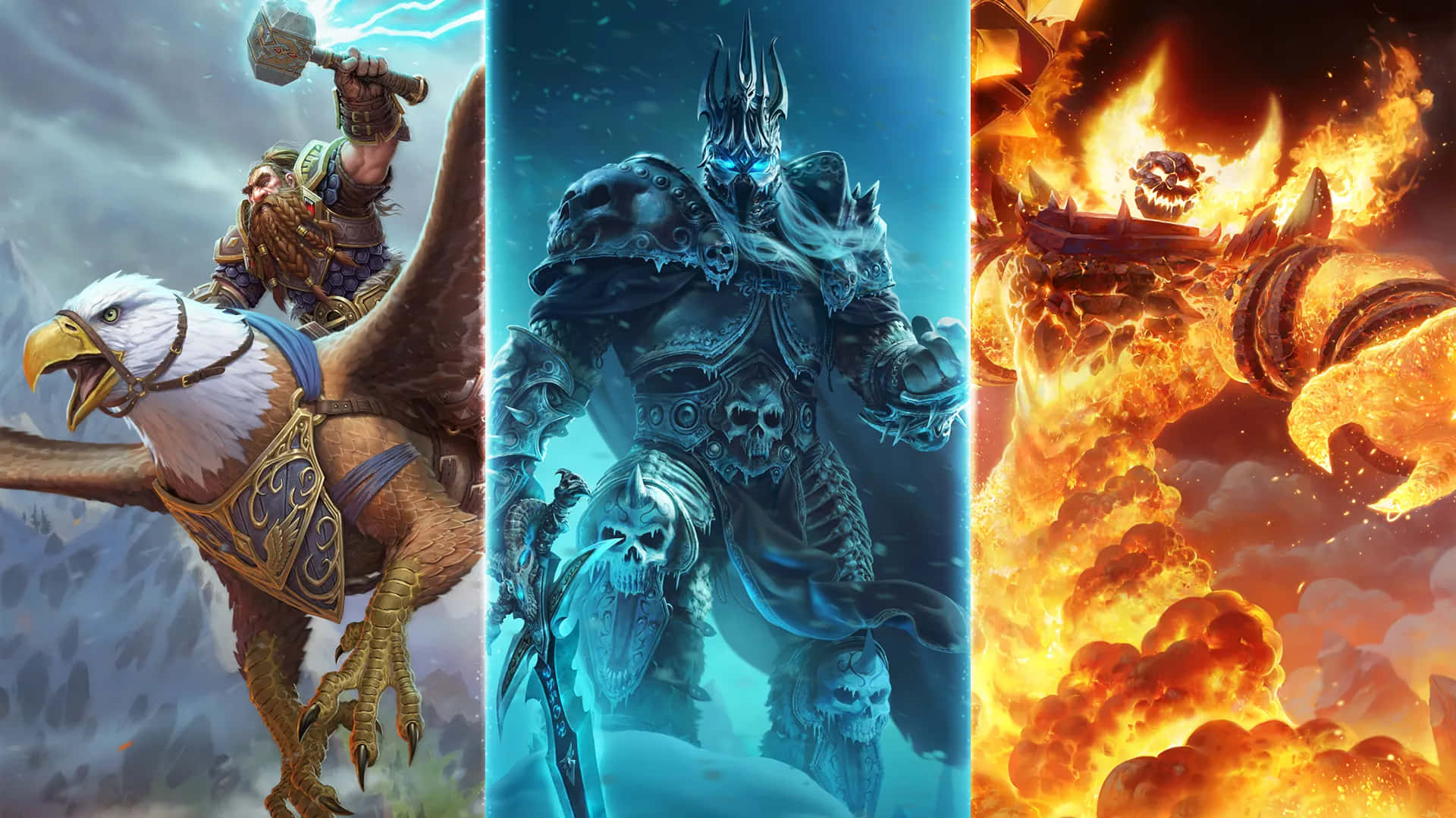 Warcraft 2 桌布 壁紙 — 三位史詩奇幻戰士各自在戲劇性的場景中：鷹騎士、雷神、冰之主和火焰惡魔王。