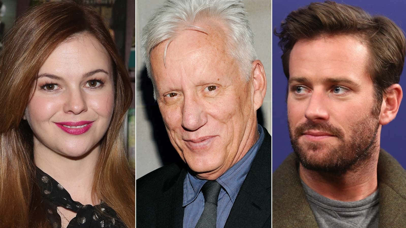 James Woods 桌布 壁紙 — 三位名人的特寫肖像，背景各異，每位都有獨特的表情和服飾。