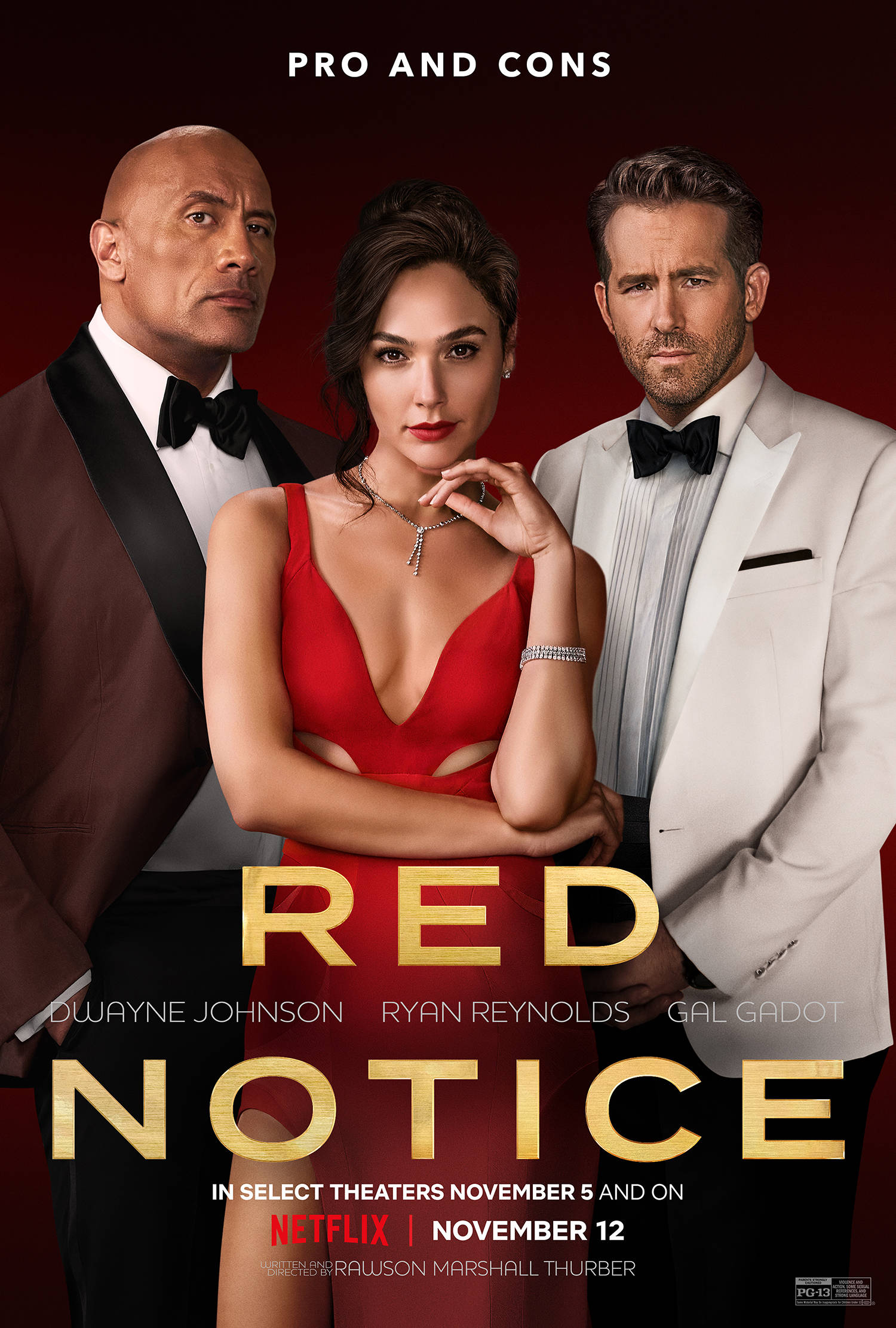Netflix 桌布 壁紙 — 三位名人穿著正式服裝，在深紅色背景前擺姿勢，搭配粗體金色電影標題文字。