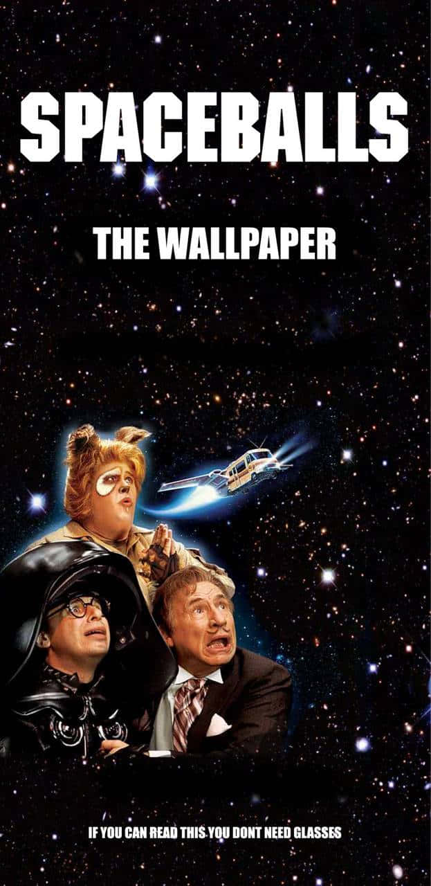 spaceballs 桌布 壁紙 — 三位喜劇演員穿著太空服，在星空背景下抬頭凝視，一艘太空船飛過。